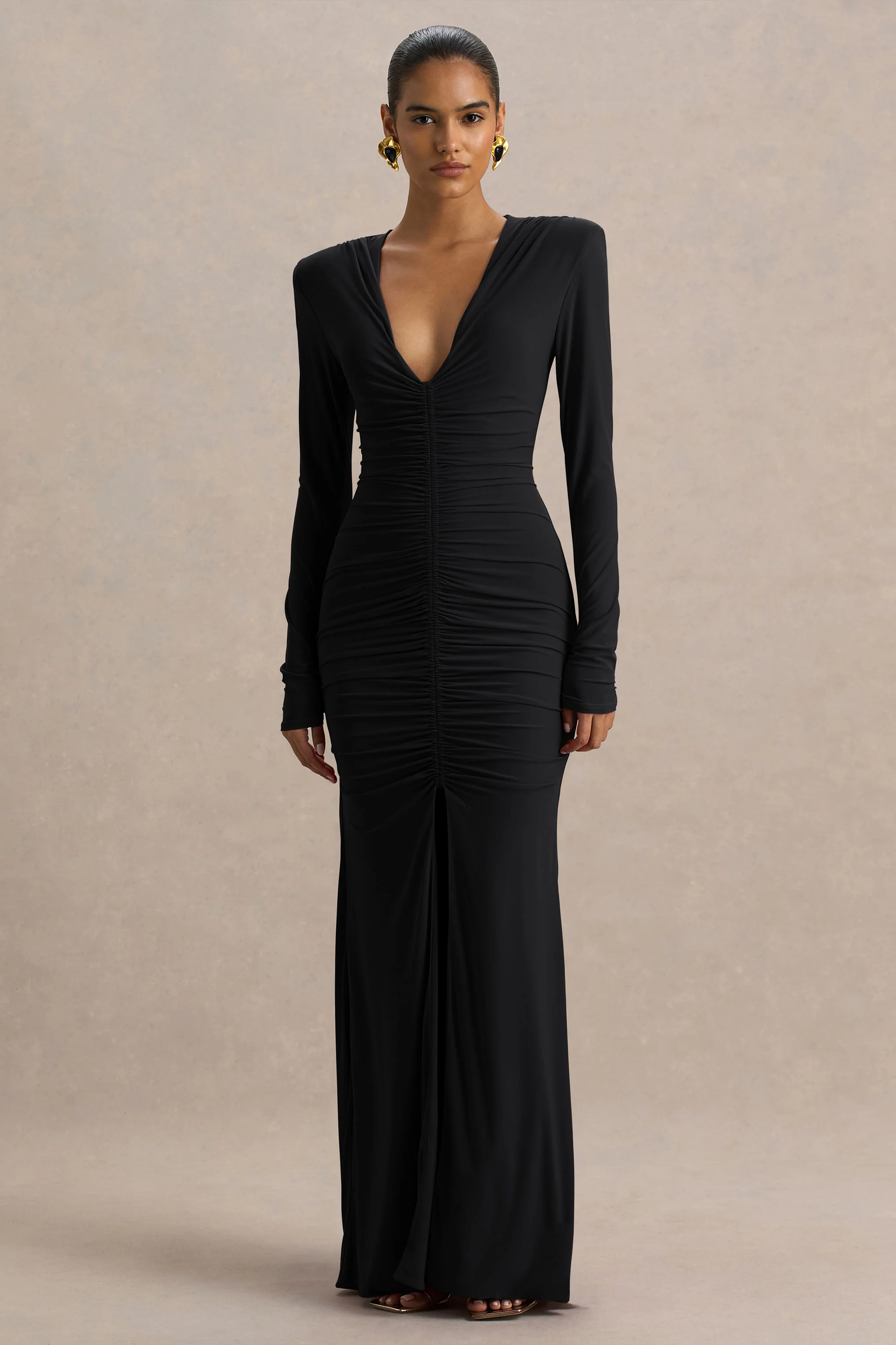 Jewel | Robe longue noire à décolleté plongeant avec fente frontale et détails froncés - Image 5