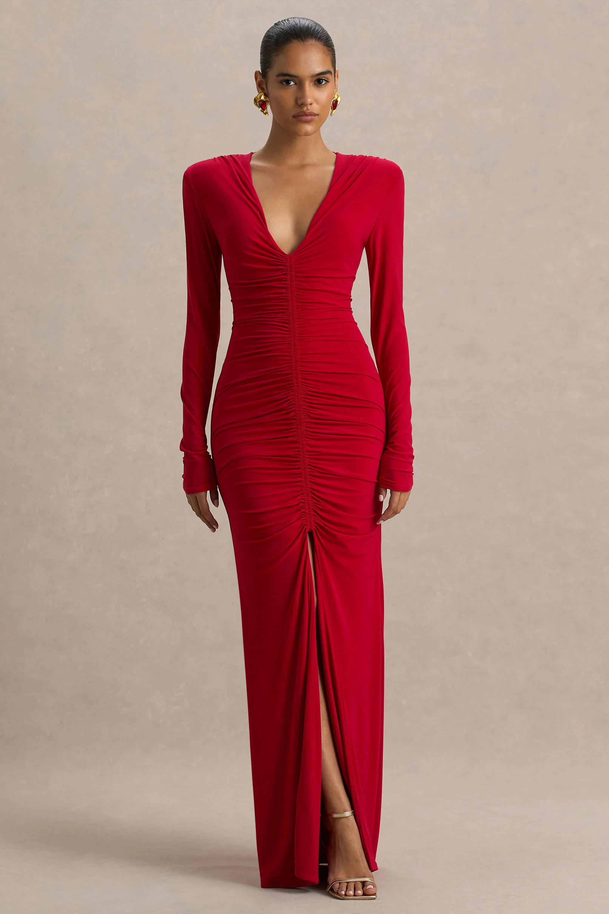 Jewel | Robe longue rouge à encolure plongeante avec fente avant et détails froncés