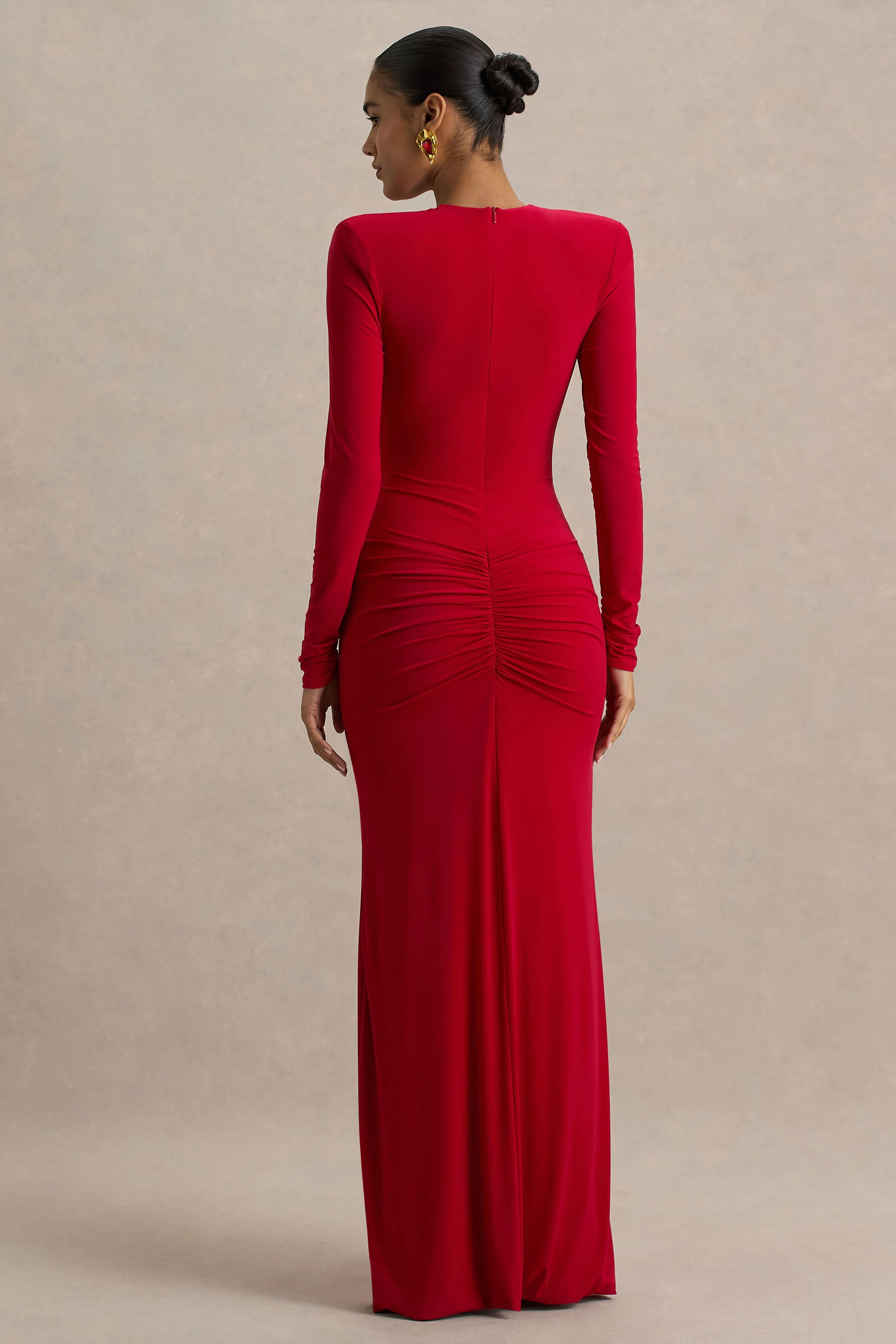 Jewel | Robe longue rouge à encolure plongeante avec fente avant et détails froncés - Image 2