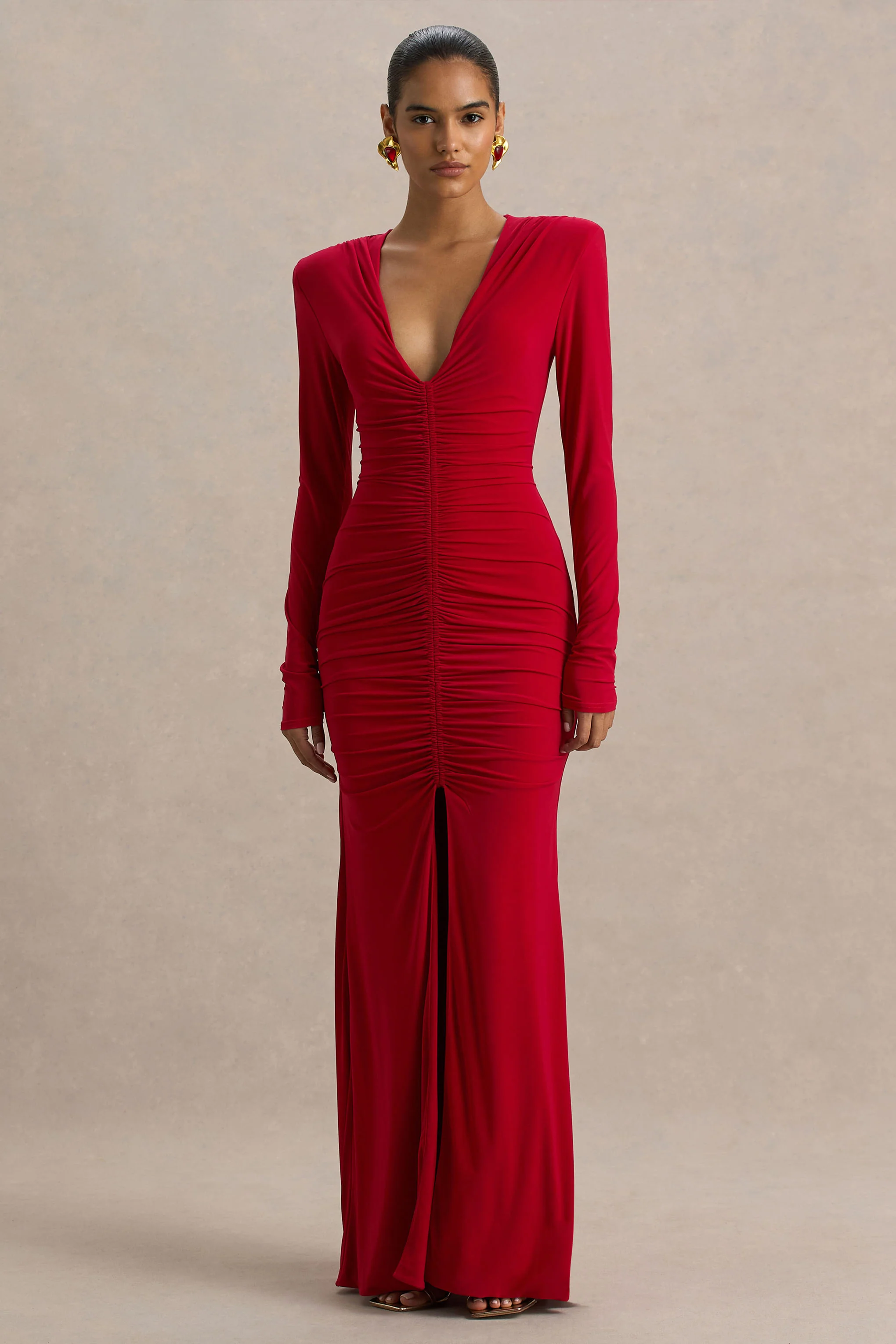 Jewel | Robe longue rouge à encolure plongeante avec fente avant et détails froncés - Image 5