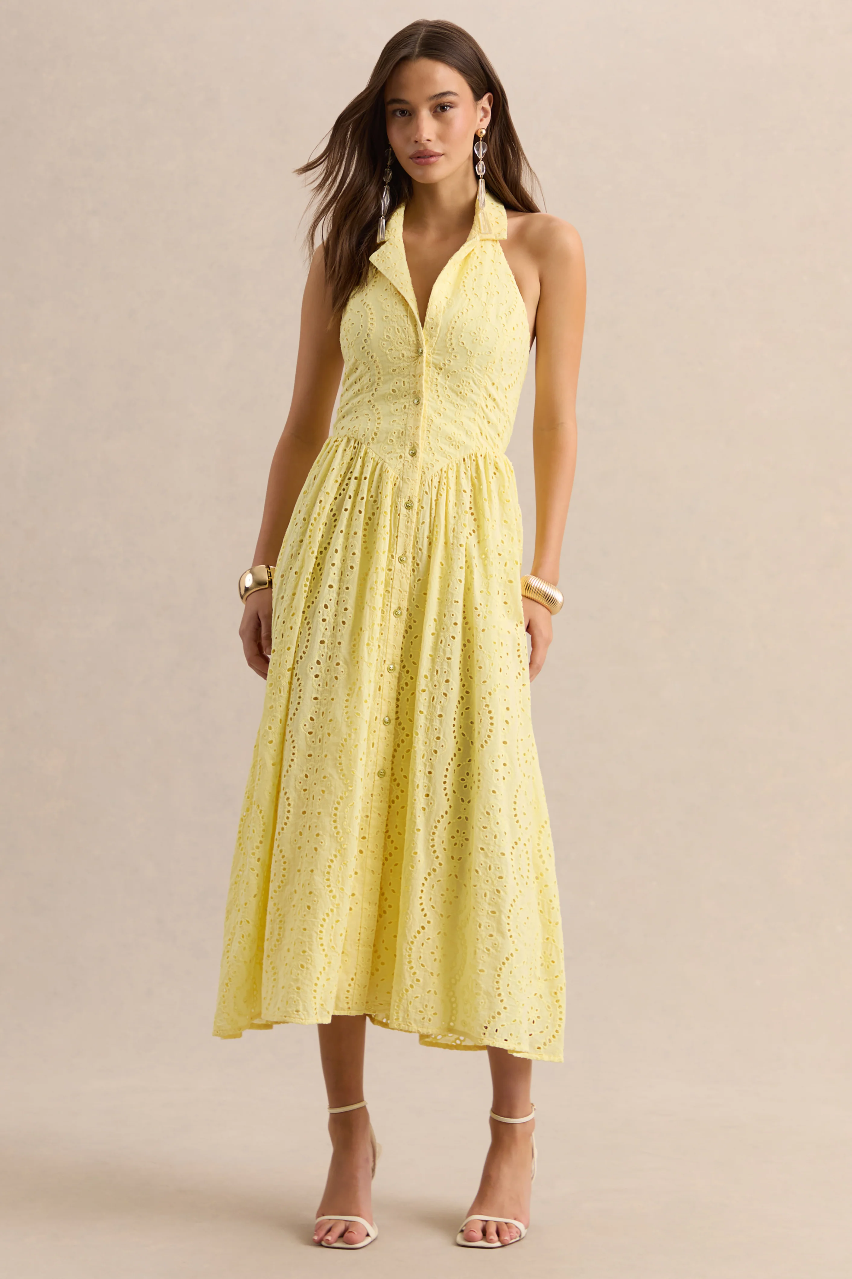 Jezebel | Robe mi-longue jaune à col avec décolleté plongeant en dentelle - Image 5
