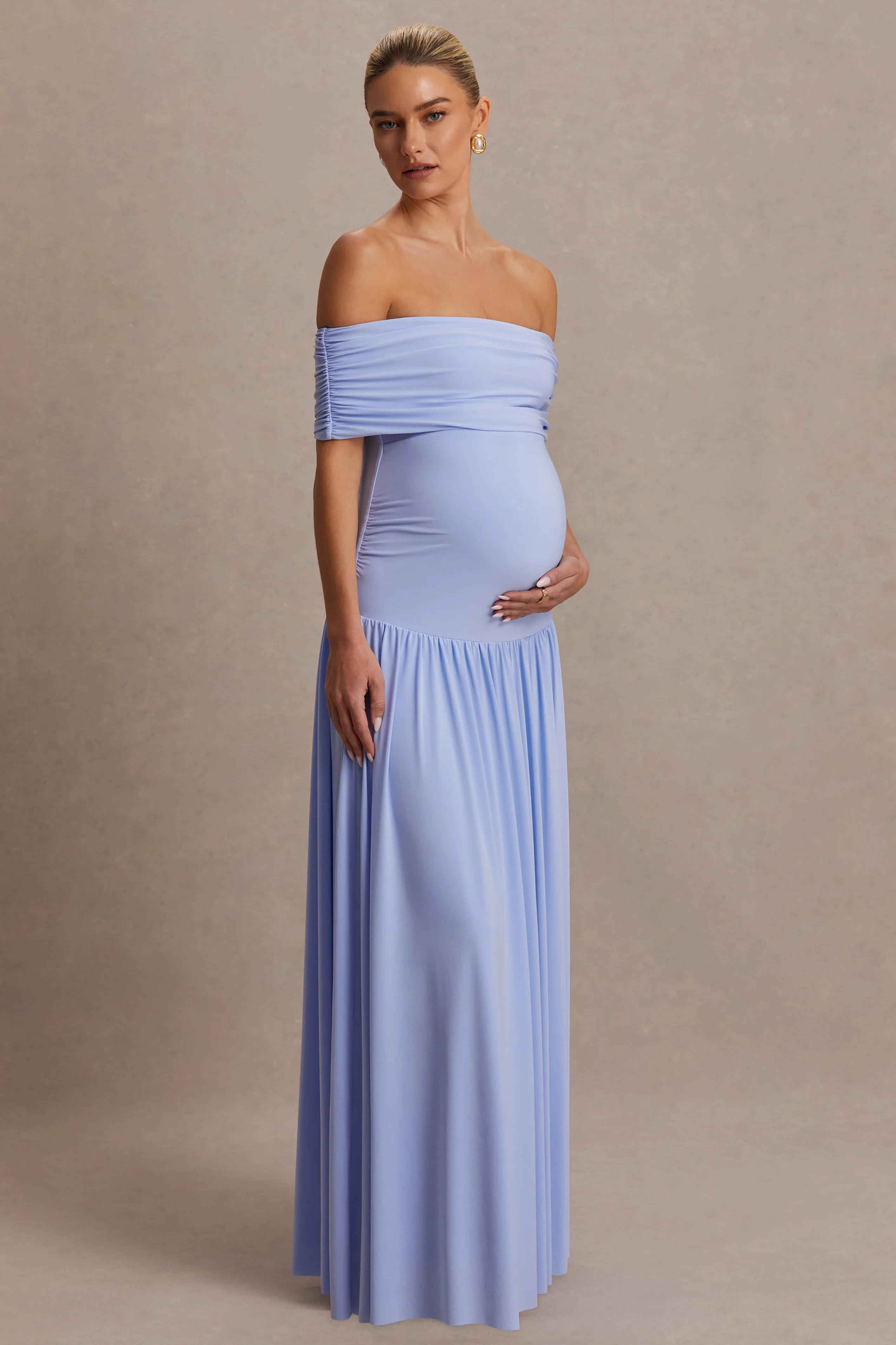 Juliette | Robe longue bleu poudré à encolure bardot et taille basse