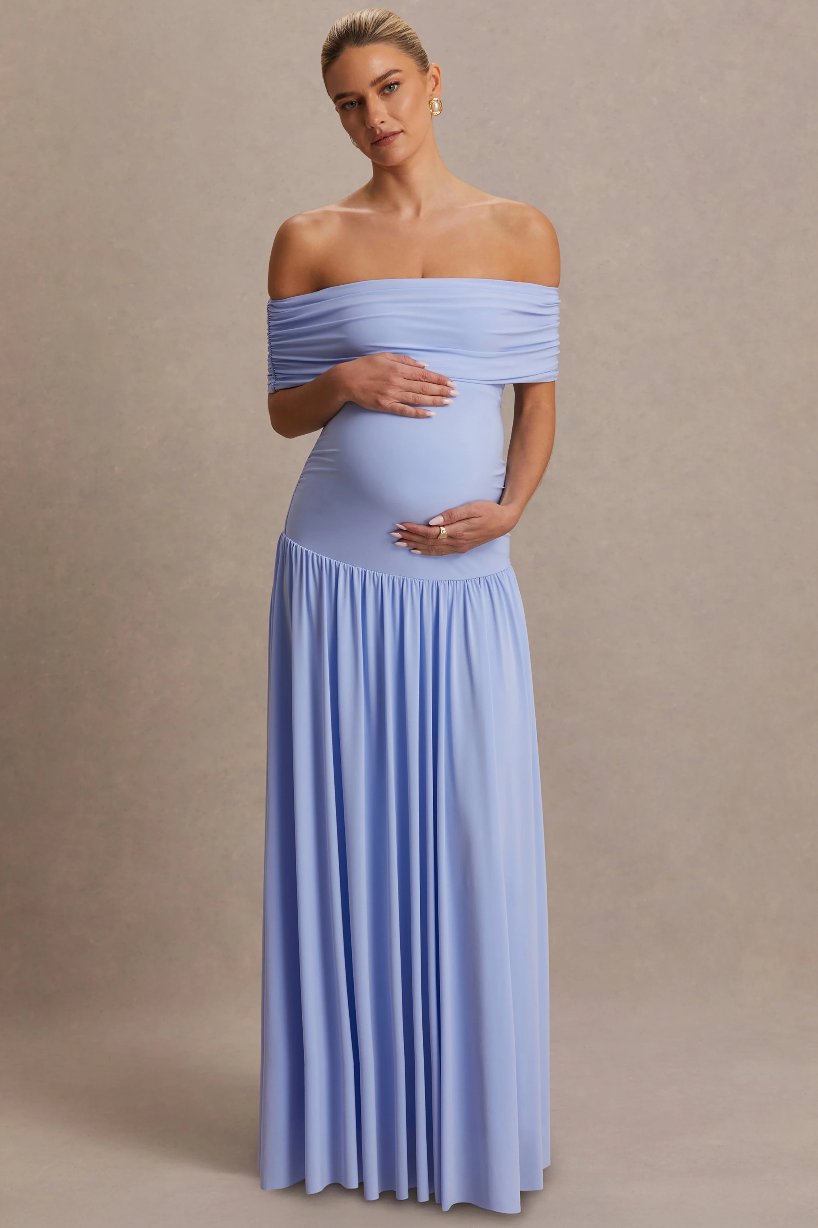 Juliette | Robe longue bleu poudré à encolure bardot et taille basse - Image 4