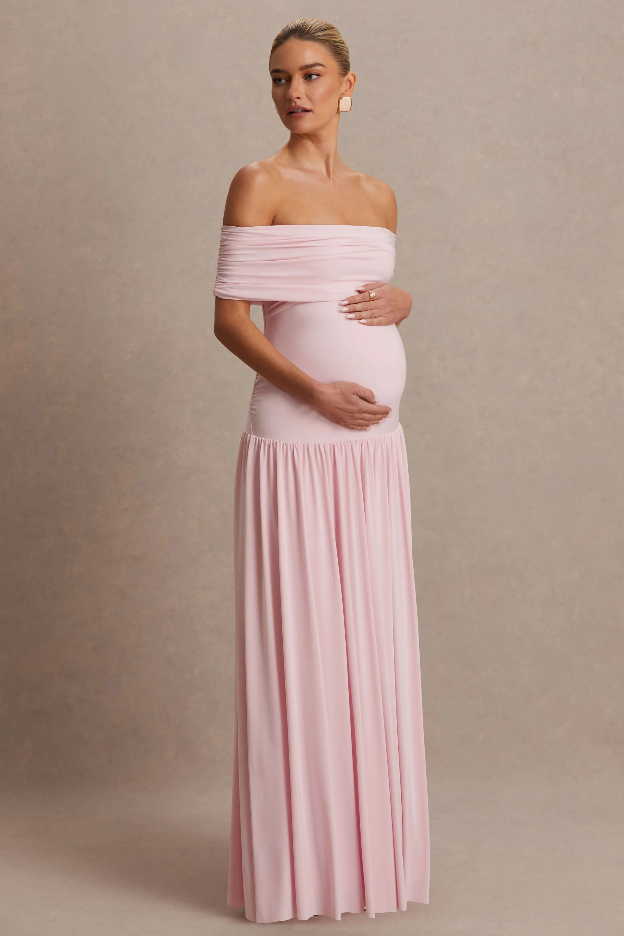 Juliette | Robe longue rose poudré à encolure bardot et taille basse - Image 4