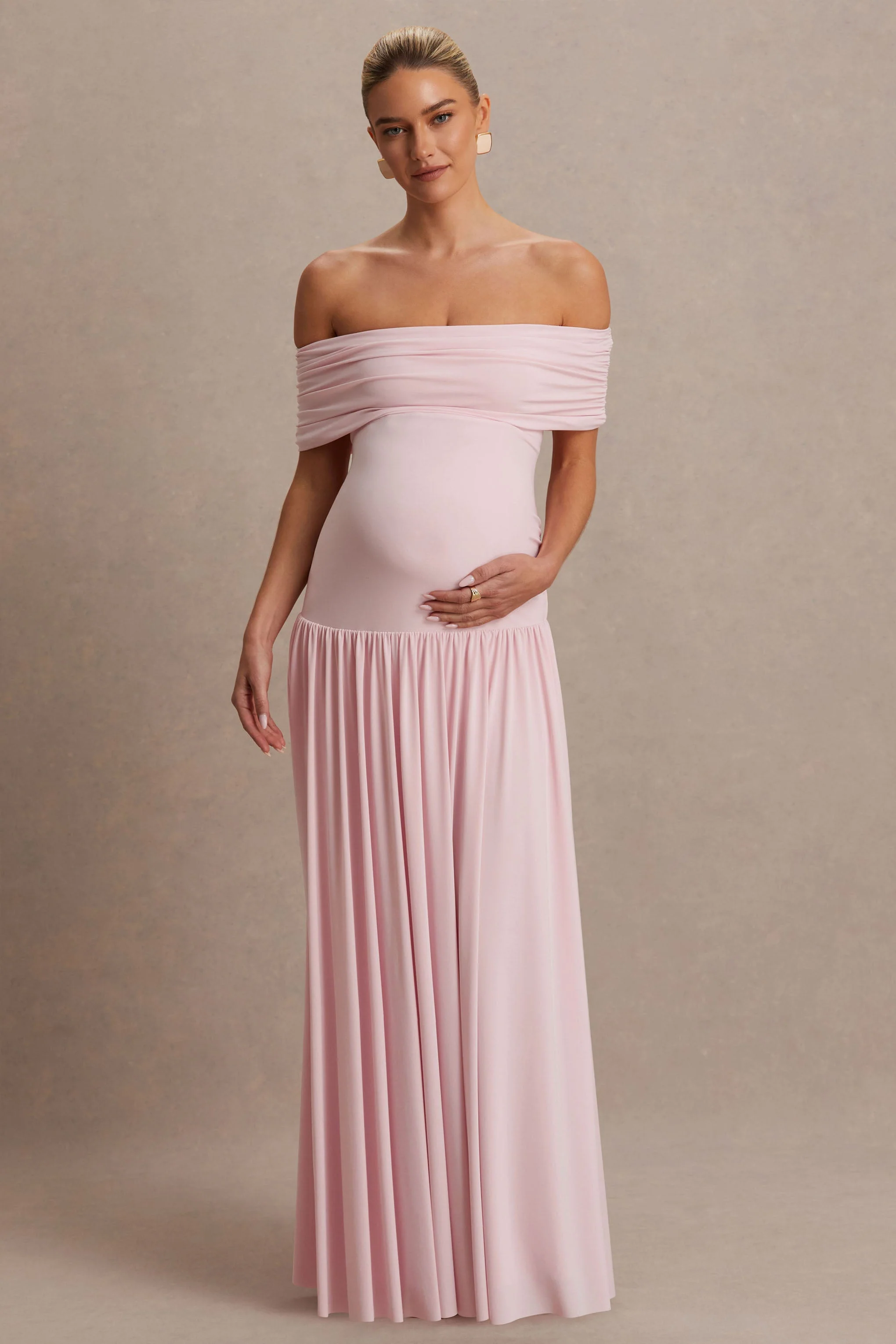 Juliette | Robe longue rose poudré à encolure bardot et taille basse - Image 5