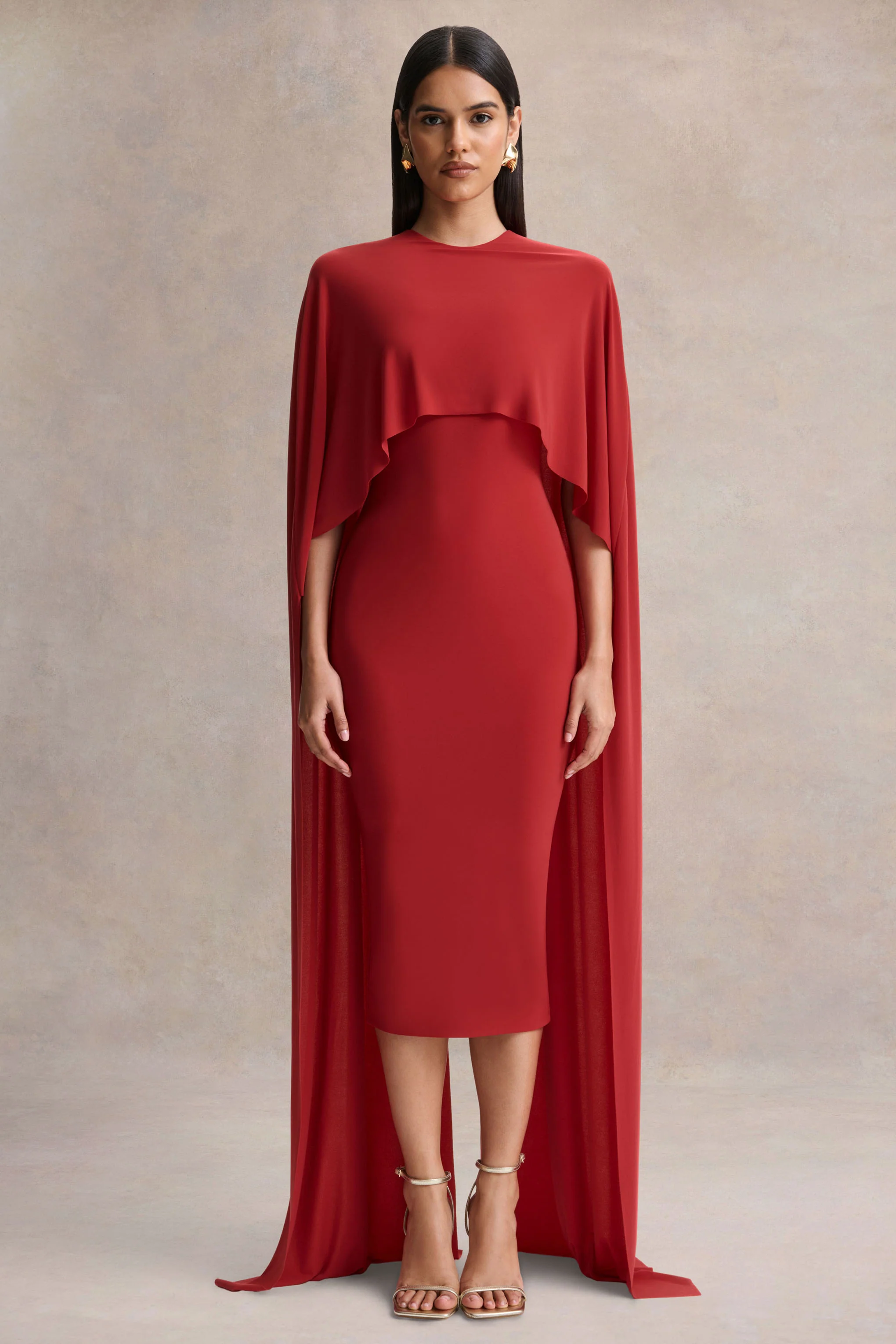 Kalani | Robe mi-longue rouge à encolure ras-du-cou avec manches cape - Image 5