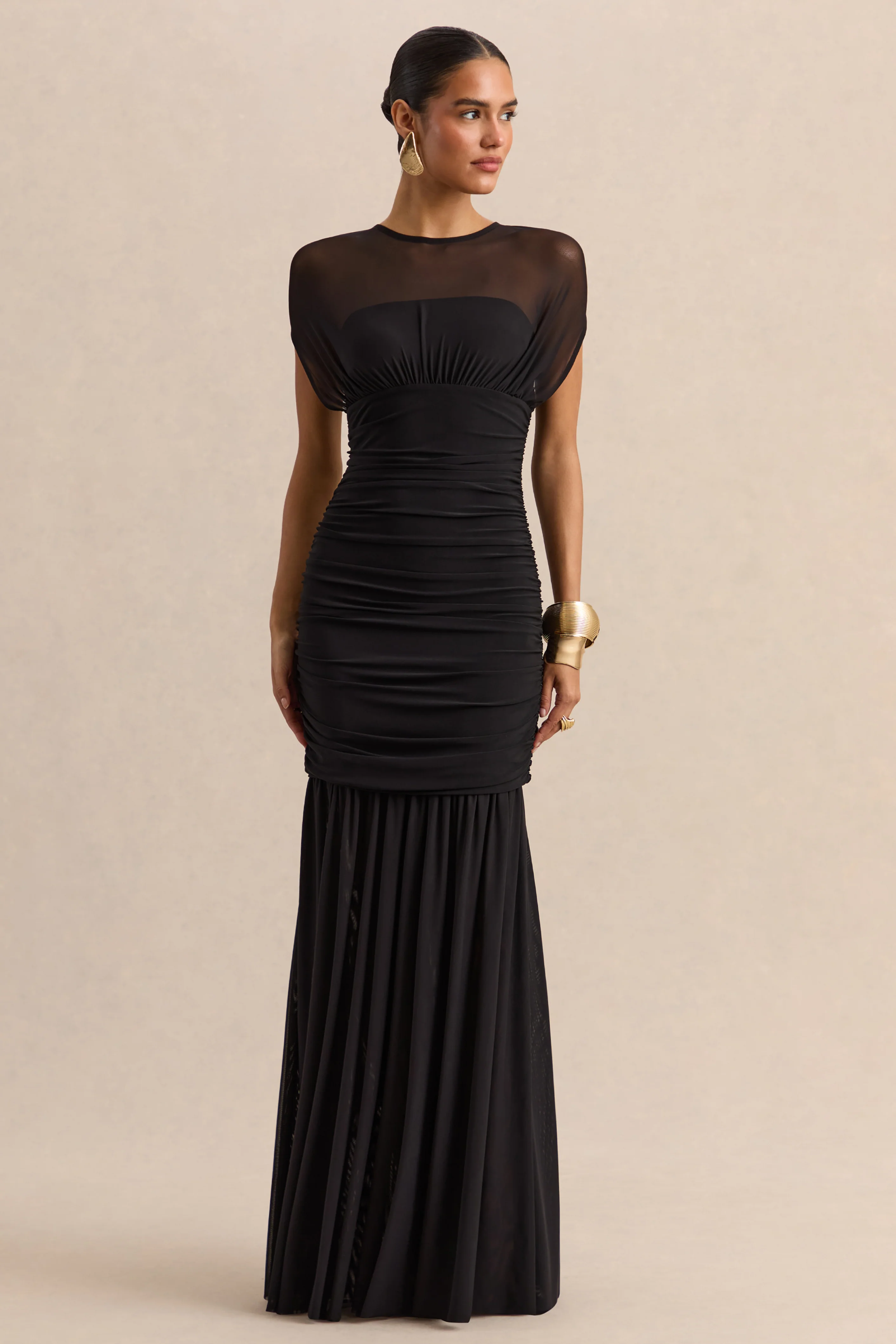 Kalene | Robe longue noire à encolure large avec détails en tulle transparent - Image 4