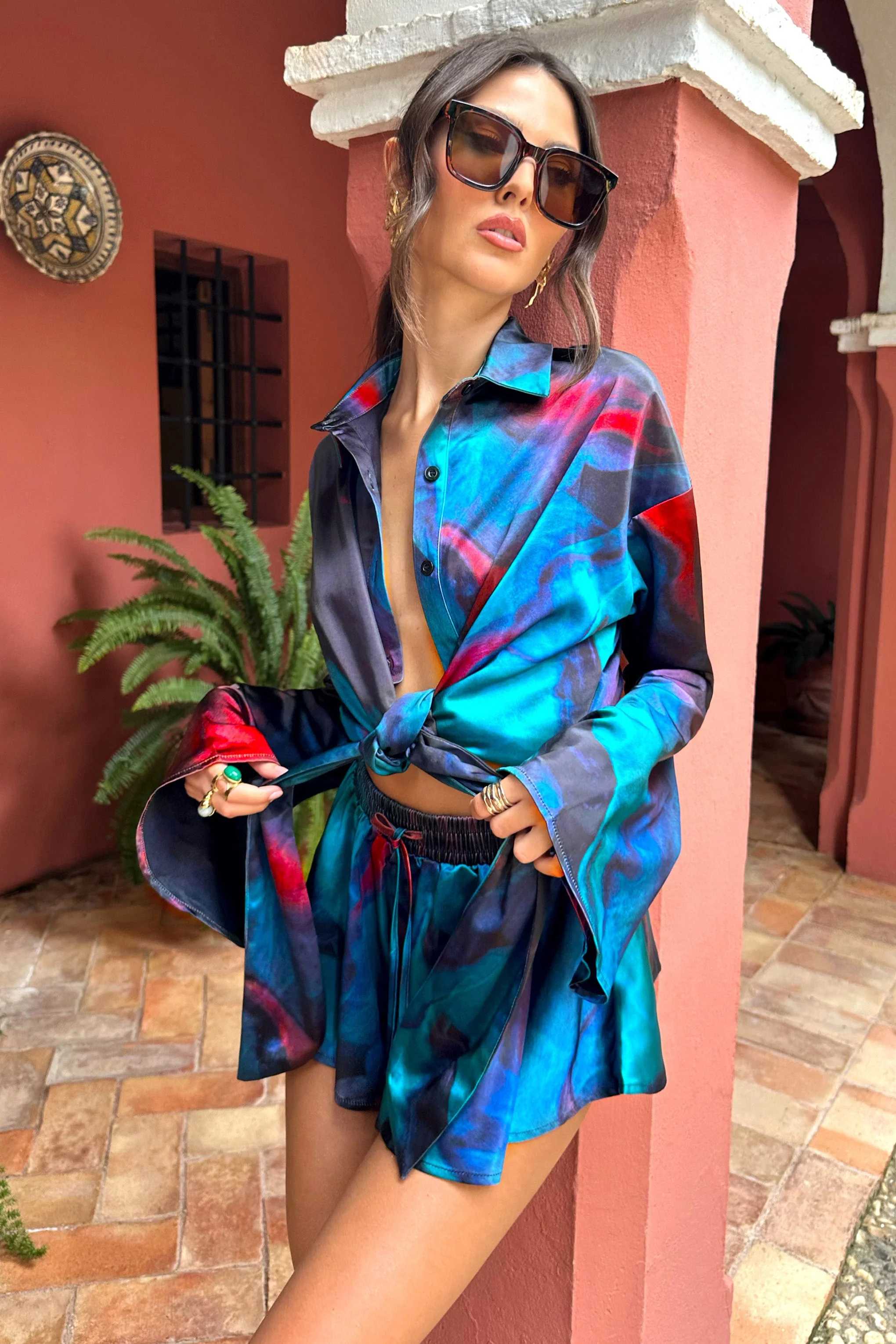 Keep Trying | Short imprimé bleu en satin