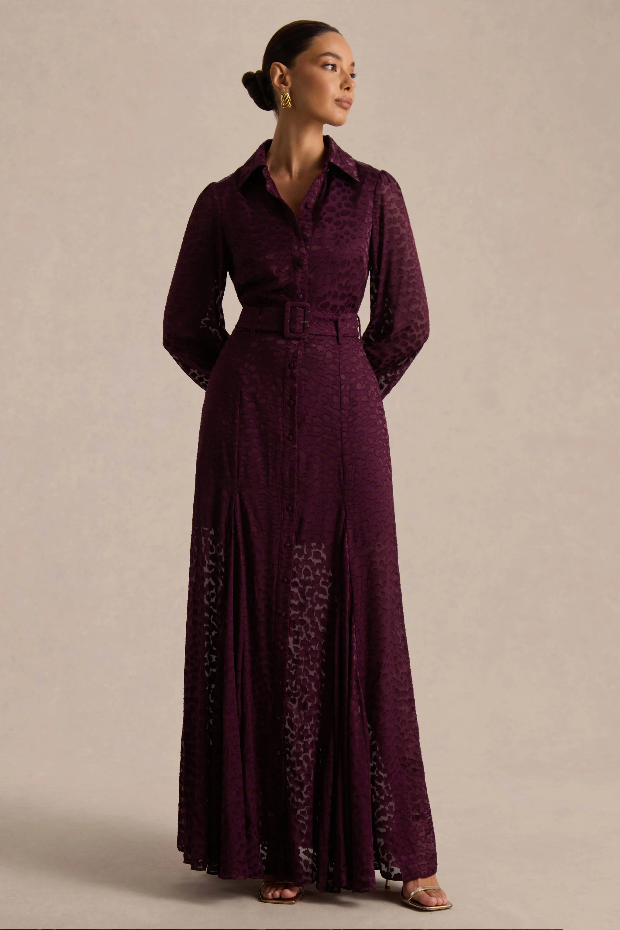 Kirsty | Robe chemise violette à manches longues avec jupe ample - Image 3