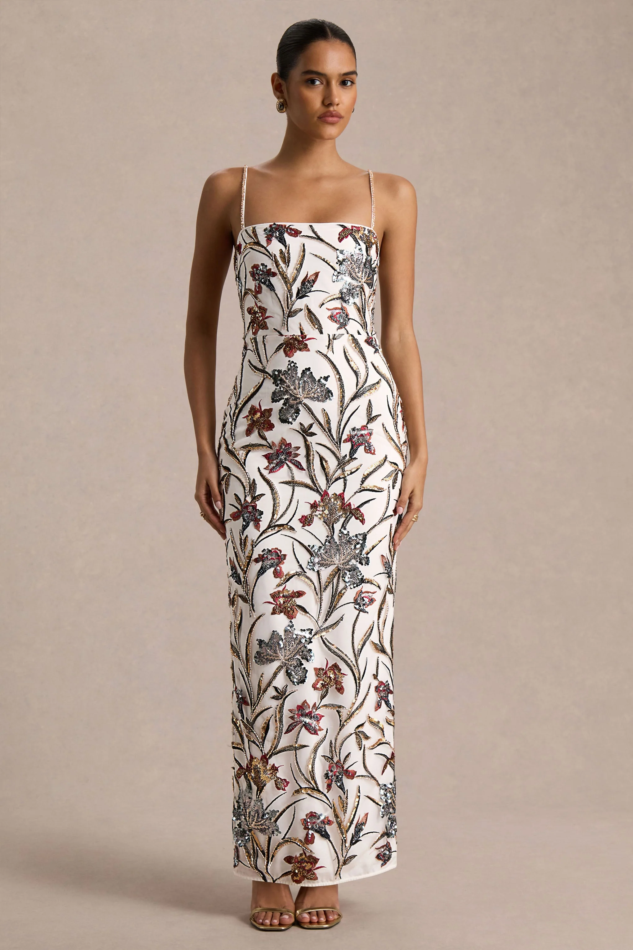 Kyle | Robe Longue Crème à Encolure Carrée Ornée de Sequins et de Fleurs - Image 3