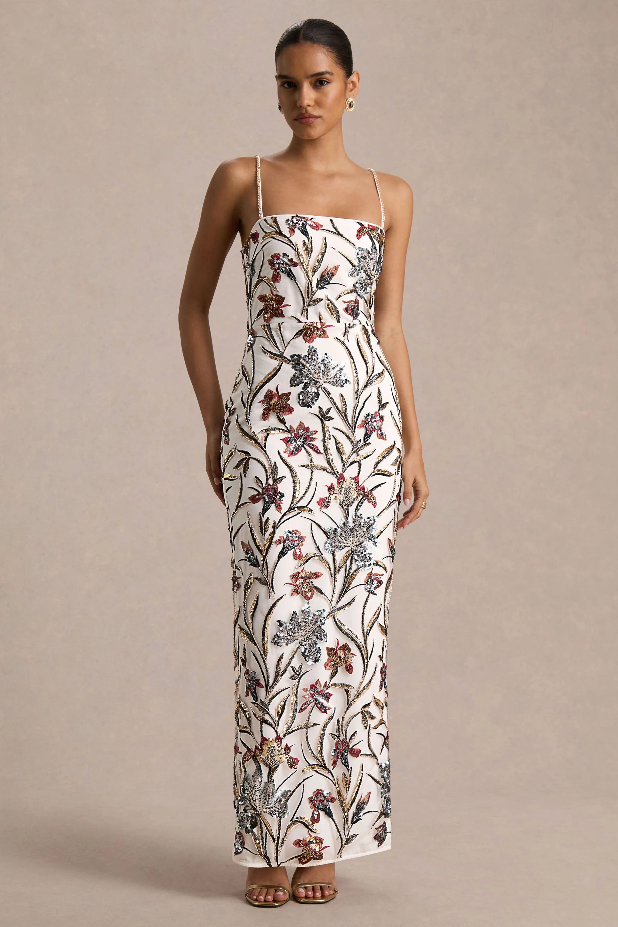 Kyle | Robe Longue Crème à Encolure Carrée Ornée de Sequins et de Fleurs - Image 4
