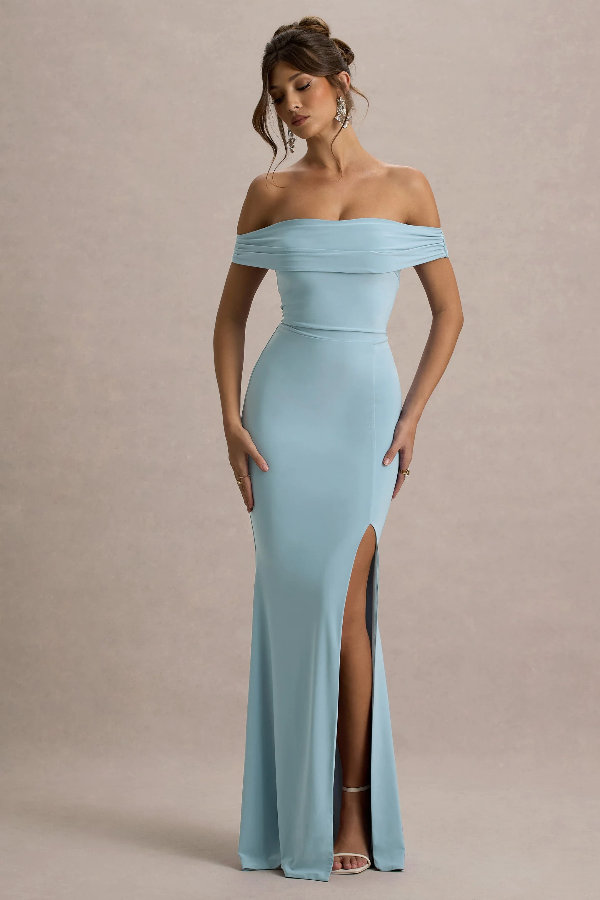 Law of Attraction | Robe longue bardot fendue drapee bleu poudré - Image 4