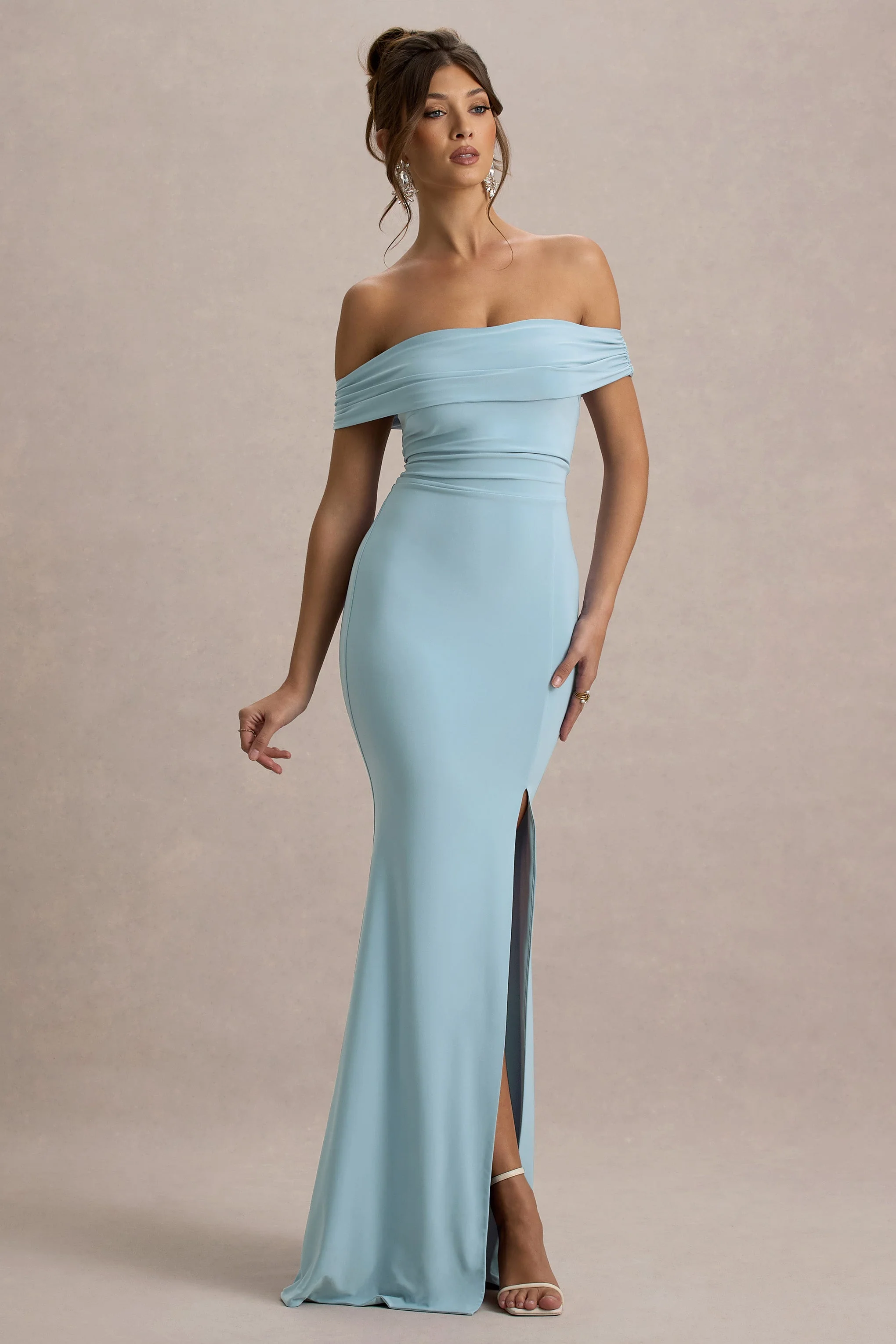 Law of Attraction | Robe longue bardot fendue drapee bleu poudré - Image 5