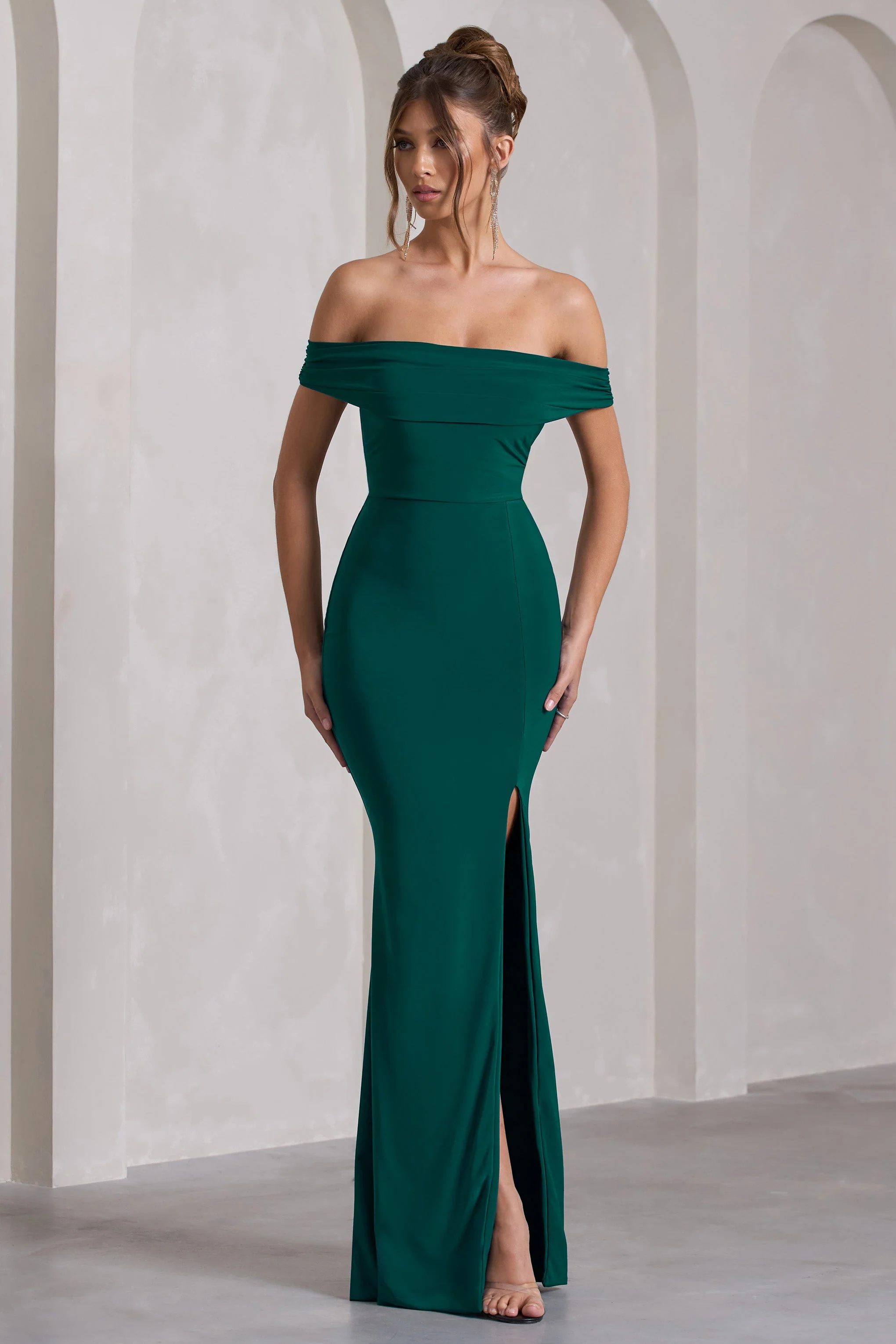 Law of Attraction | Robe longue bardot fendue drapee vert bouteille - Image 5