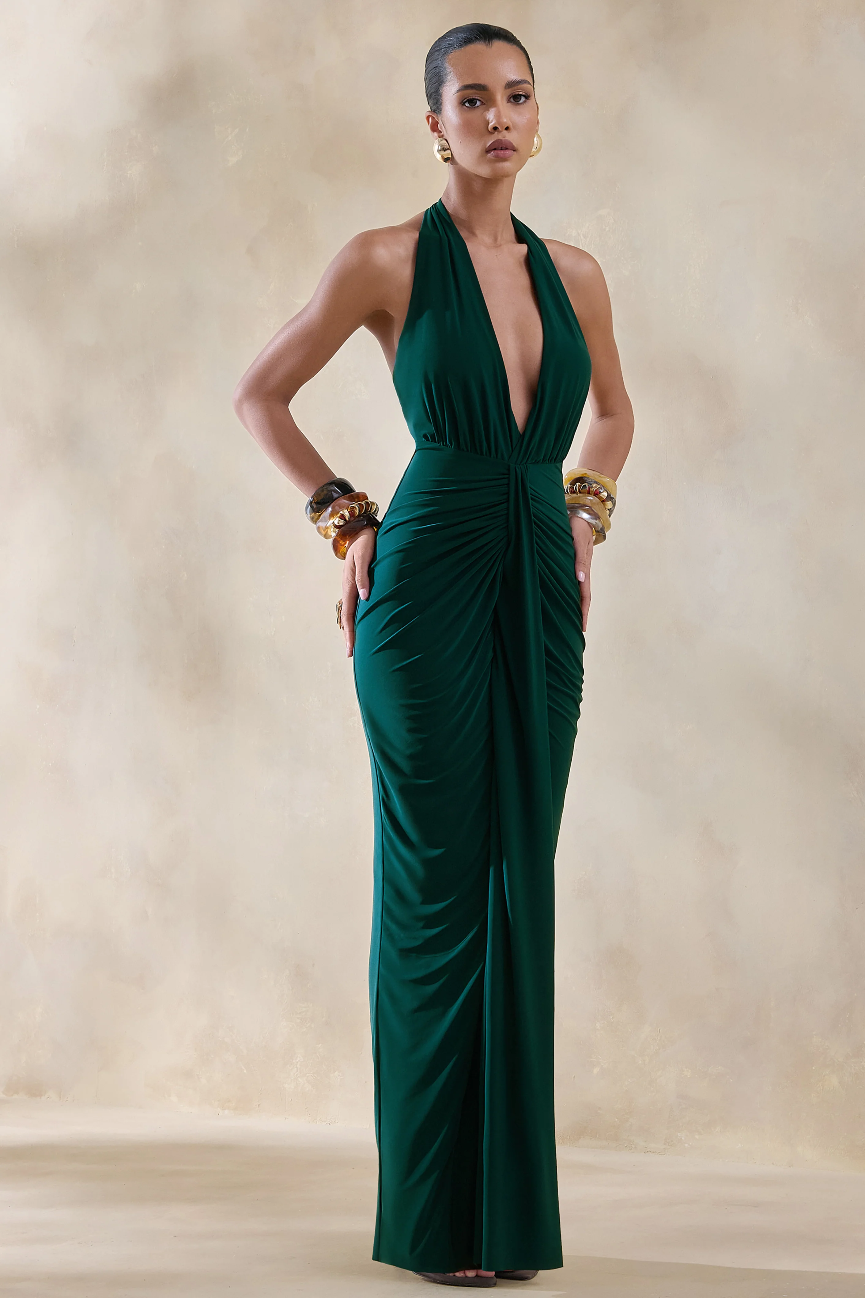 Lesley | Robe longue vert bouteille à décolleté plongeant - Image 5