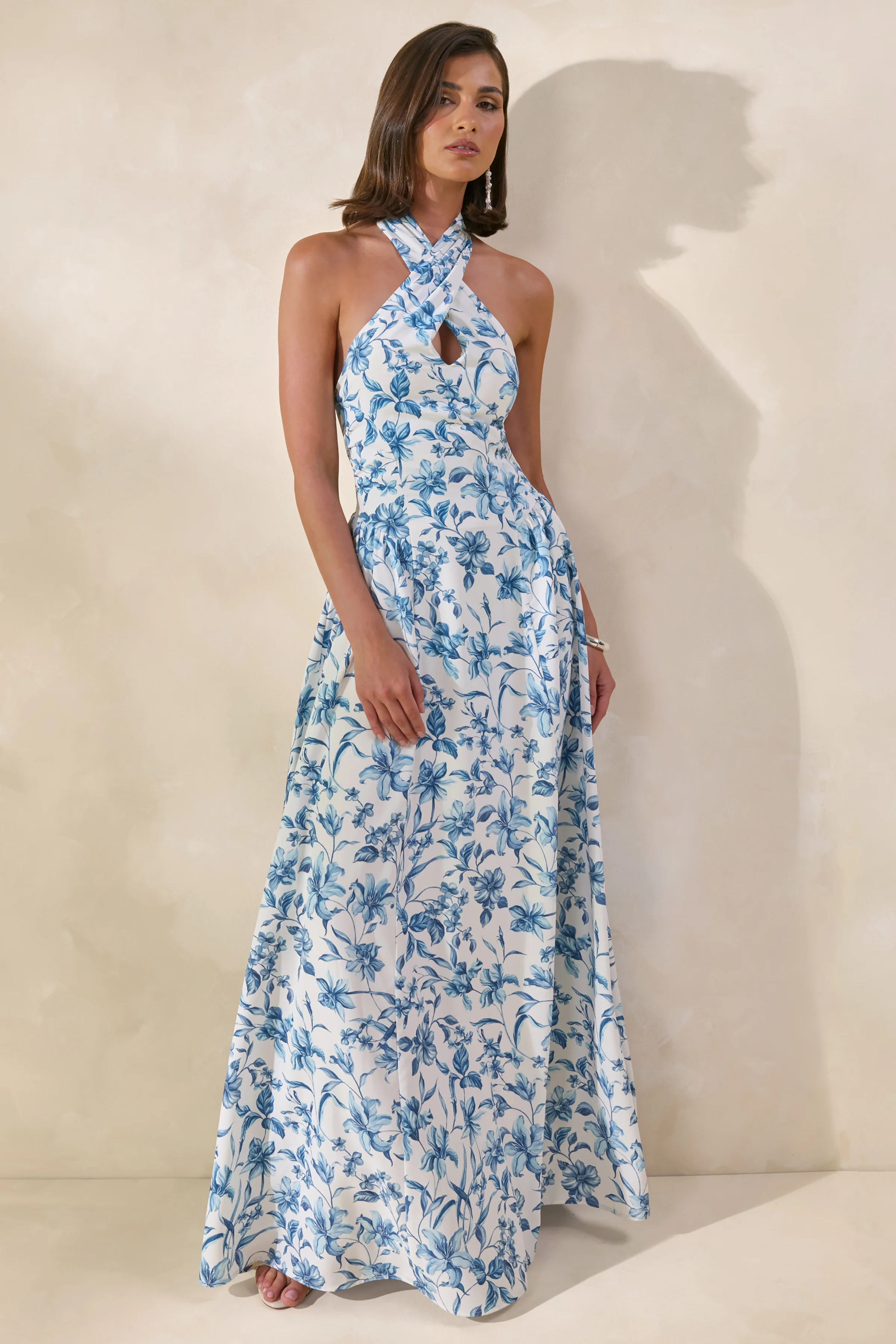 Liana | Robe longue à encolure dos nu avec imprimé porcelaine bleu - Image 4