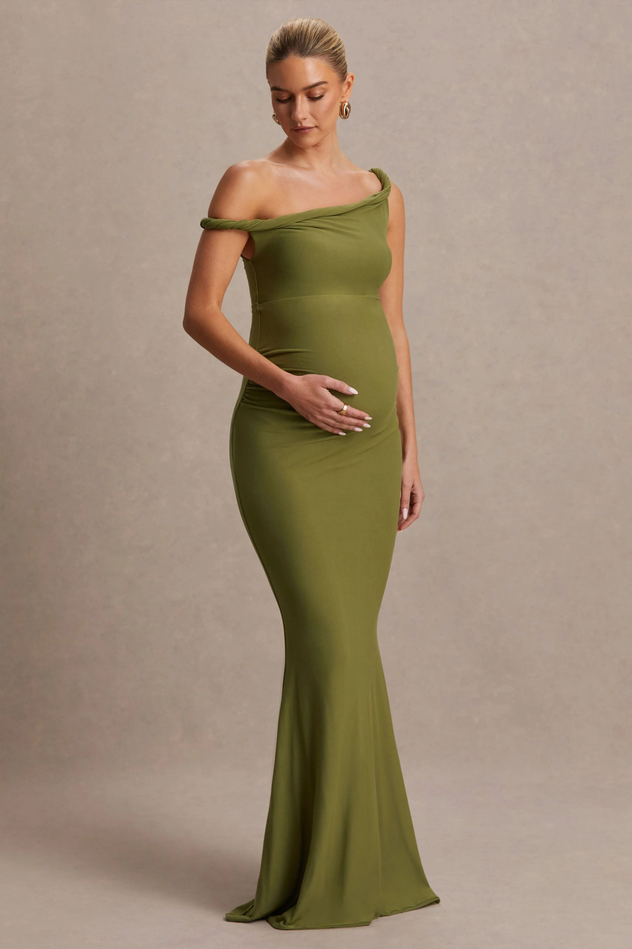 Lita | Robe Longue de Maternité Asymétrique Torsadée Olive