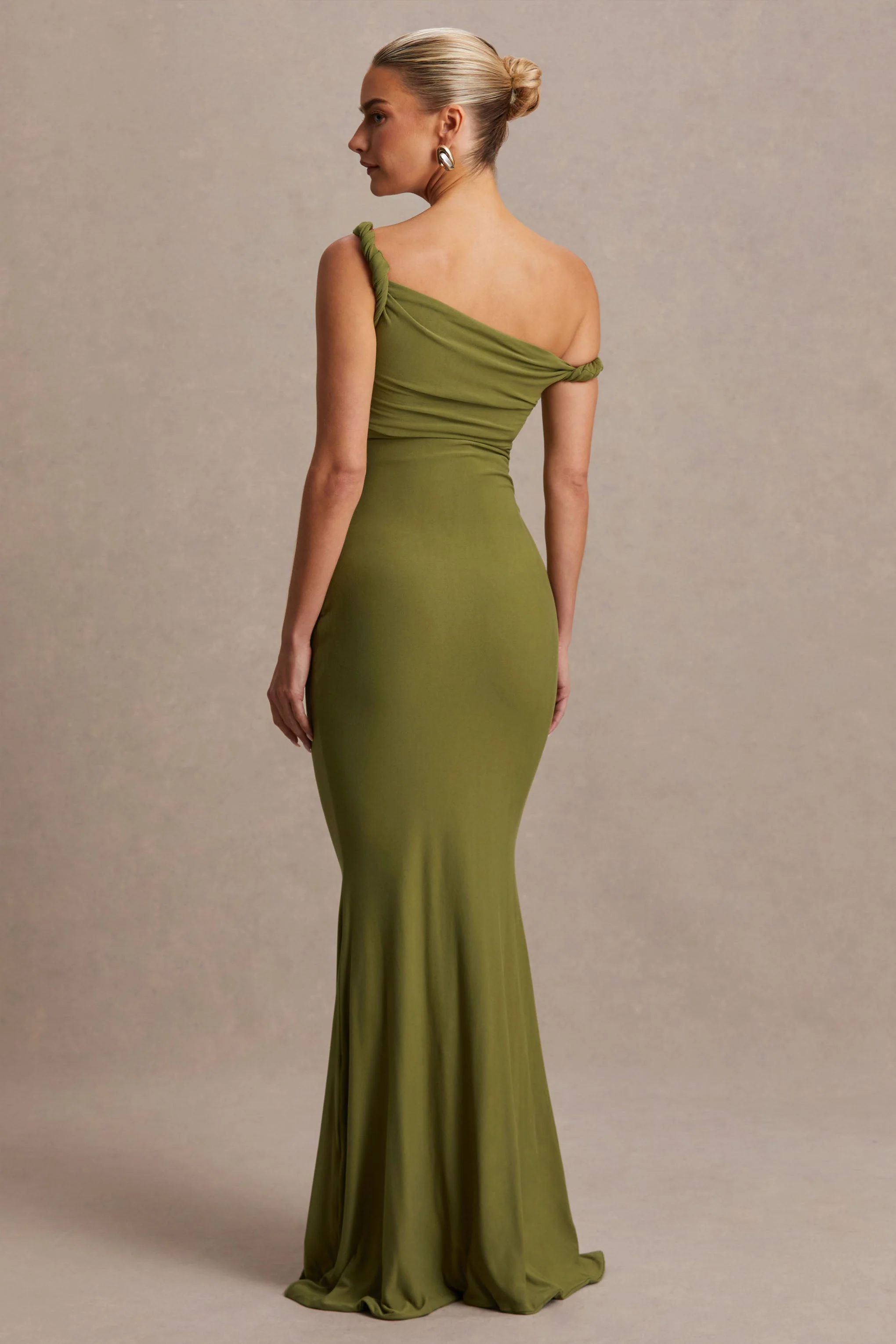 Lita | Robe Longue de Maternité Asymétrique Torsadée Olive - Image 3