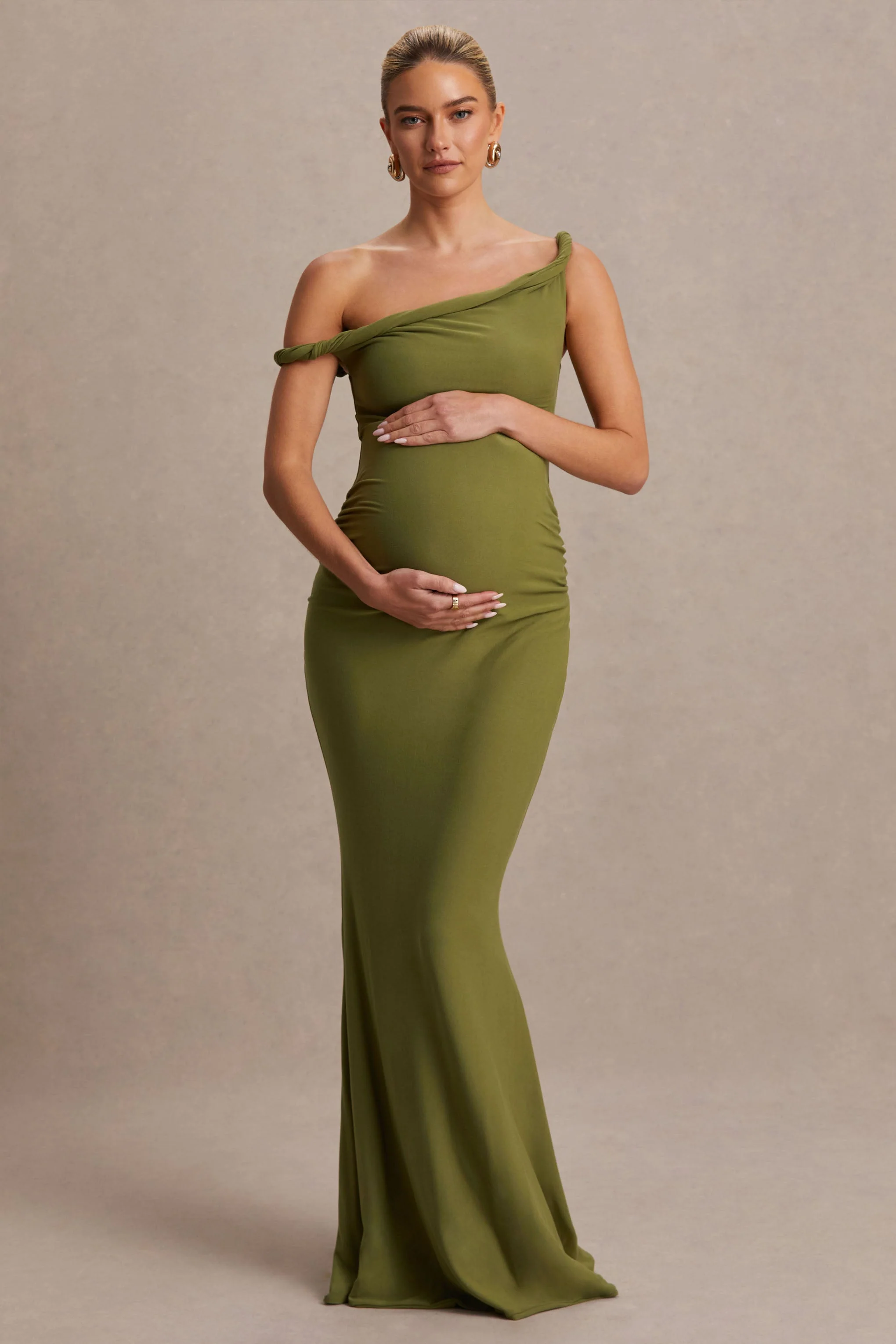 Lita | Robe Longue de Maternité Asymétrique Torsadée Olive - Image 4