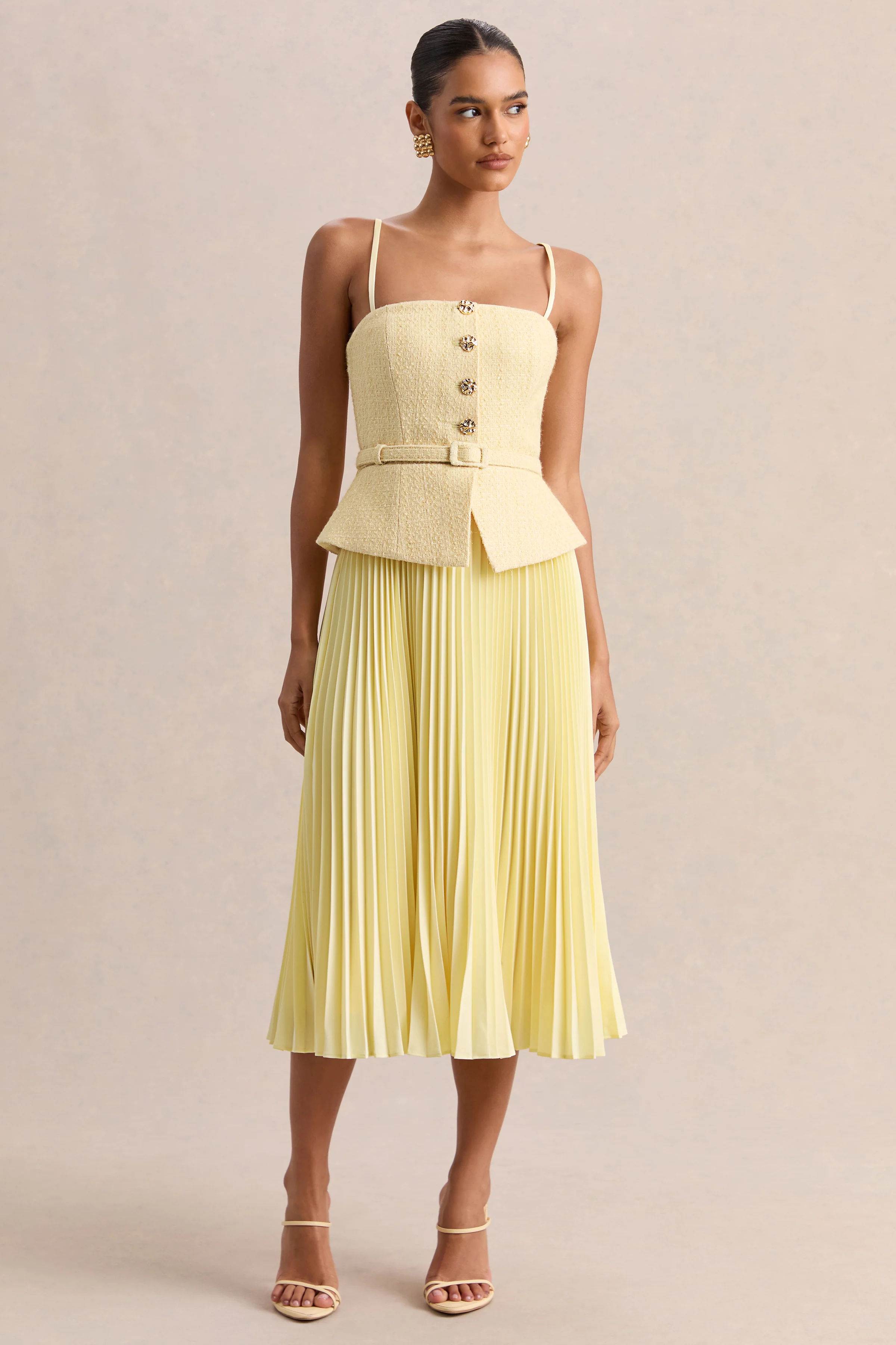 Lizzy | Robe mi-longue citron à encolure carrée avec jupe plissée
