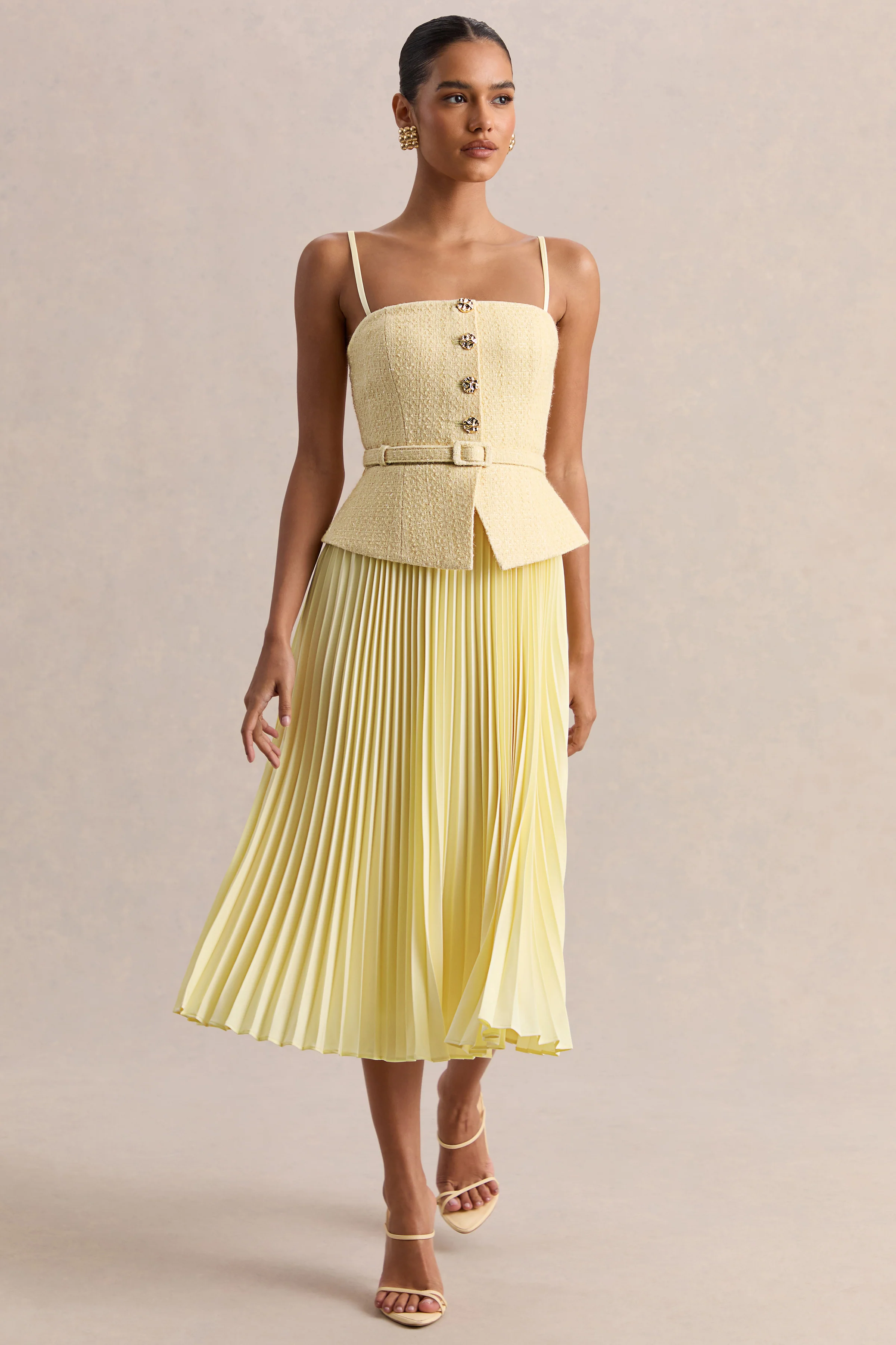 Lizzy | Robe mi-longue citron à encolure carrée avec jupe plissée - Image 5