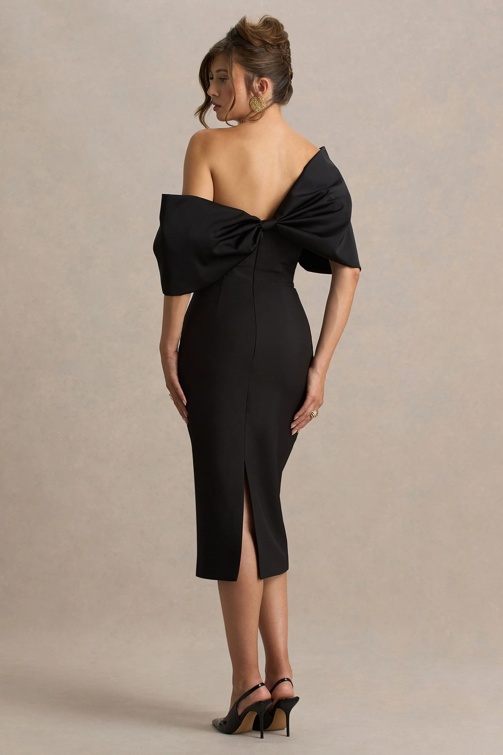 Lucille | Robe Mi-Longue Bardot Asymétrique Noire