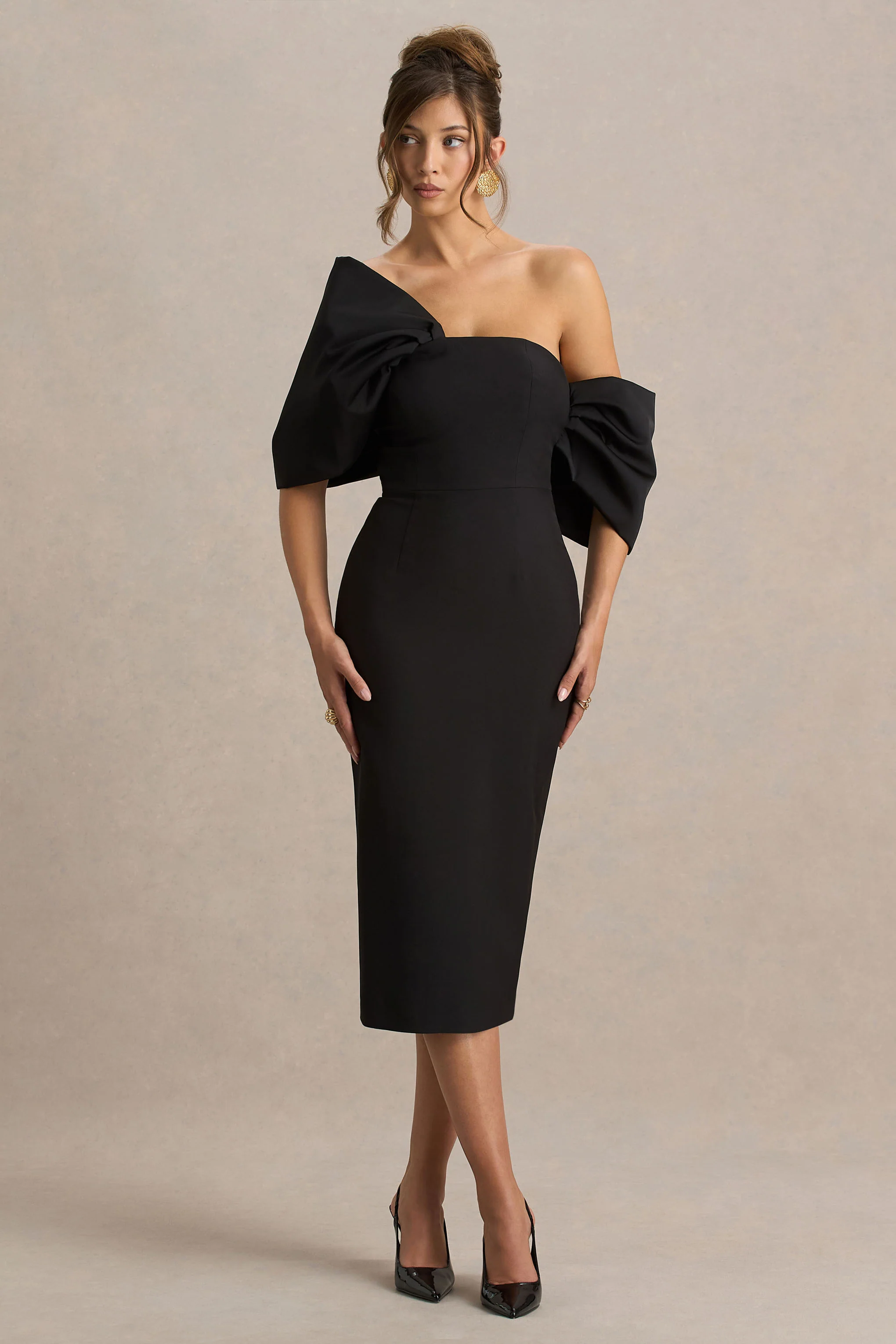Lucille | Robe Mi-Longue Bardot Asymétrique Noire - Image 2
