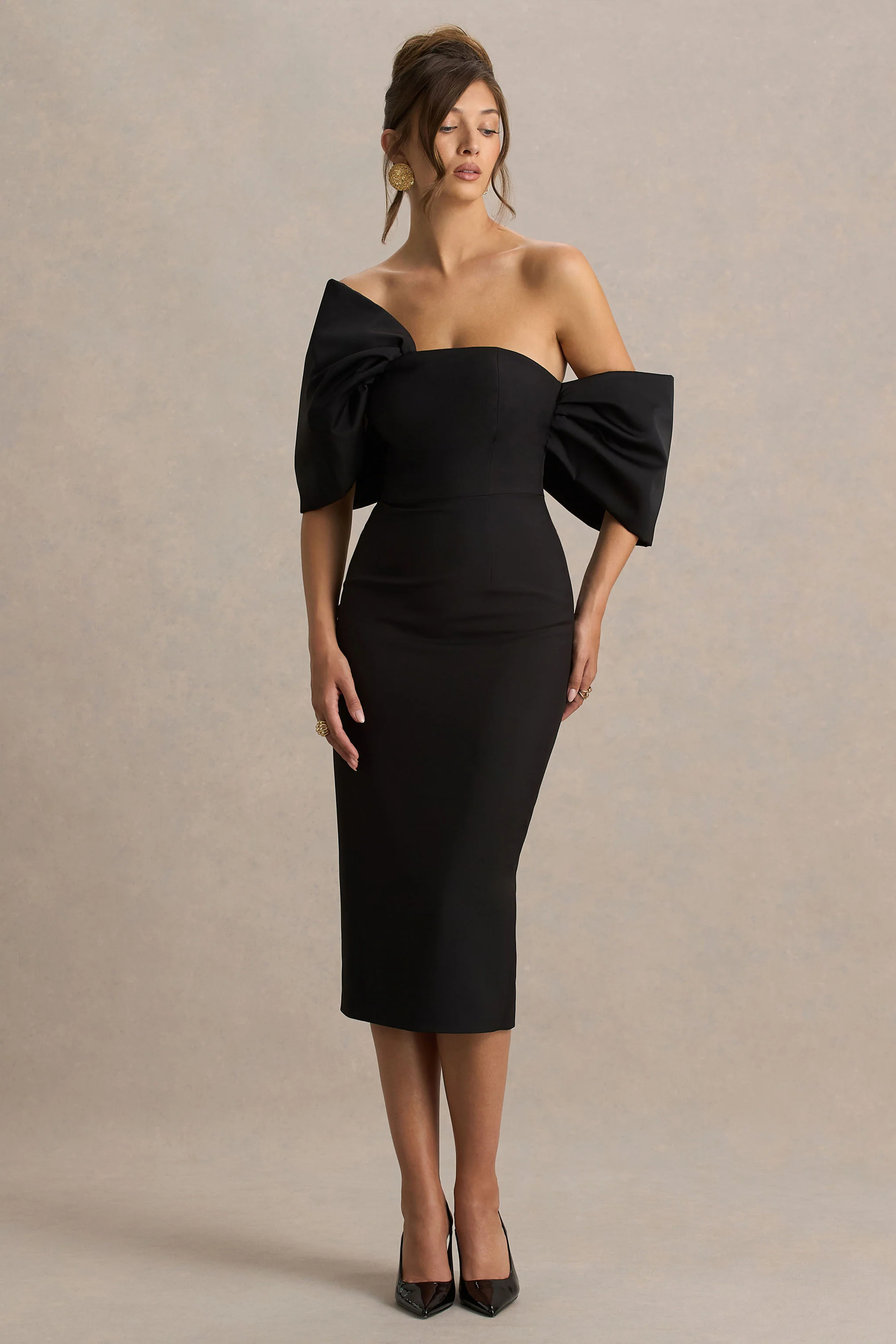 Lucille | Robe Mi-Longue Bardot Asymétrique Noire - Image 5