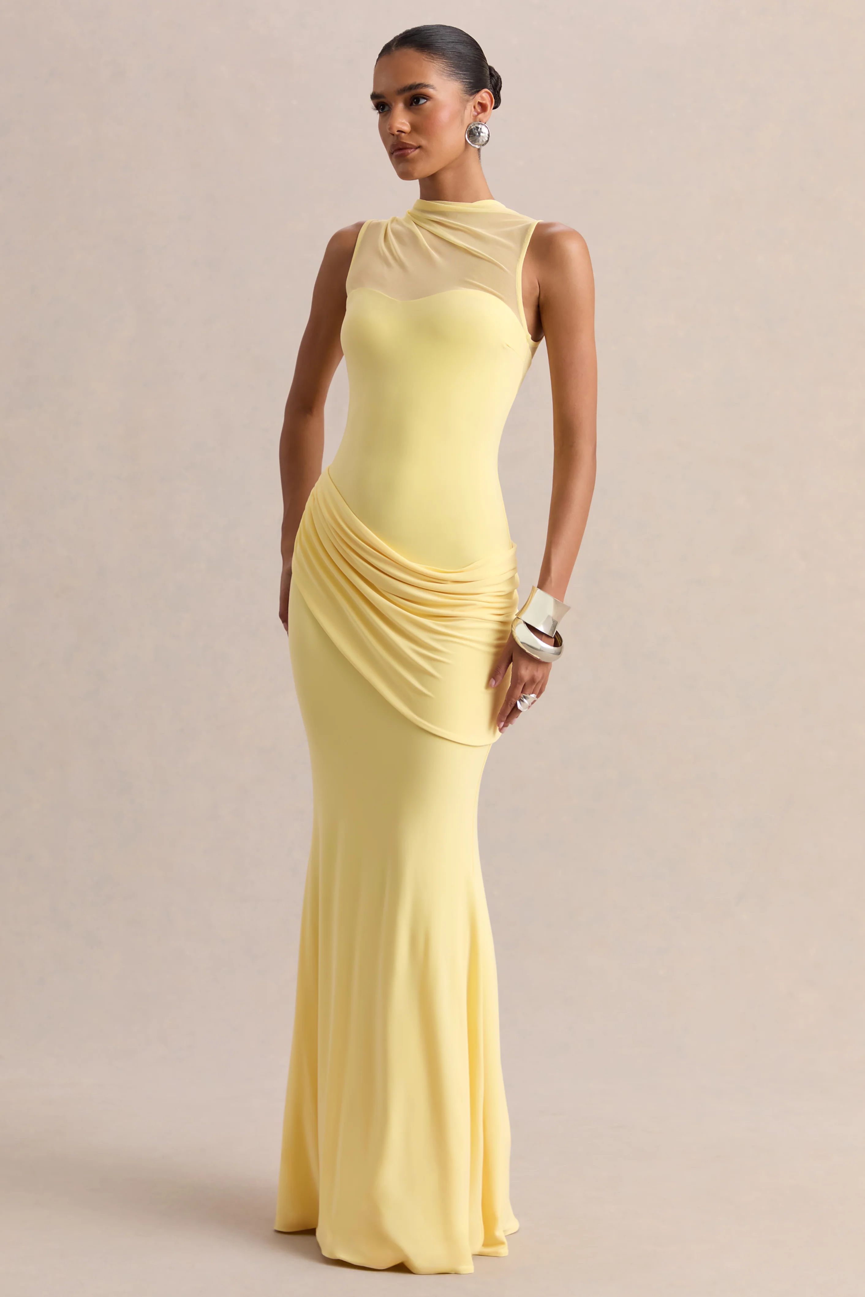 Lyssy | Robe longue citron à encolure haute avec détail en mesh - Image 4