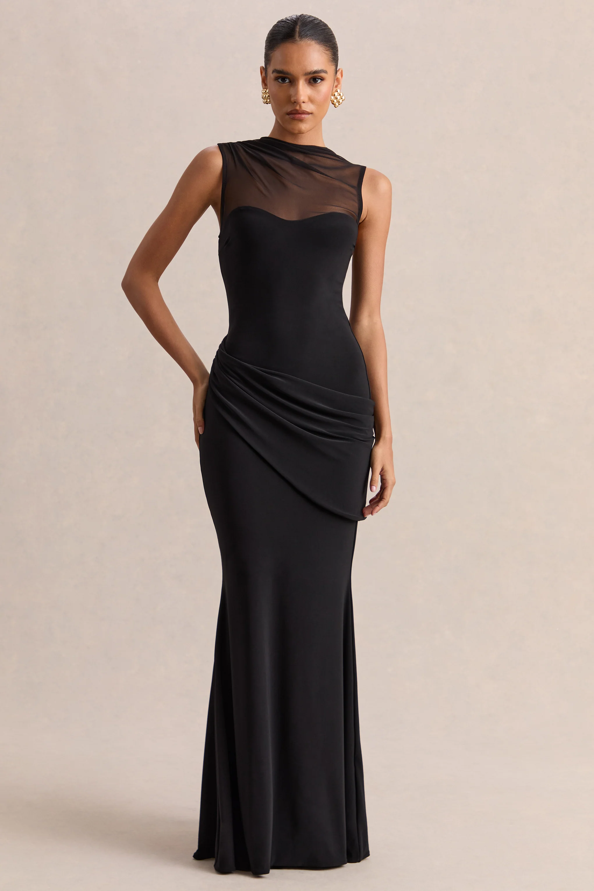 Lyssy | Robe longue noire à encolure haute avec détail en mesh