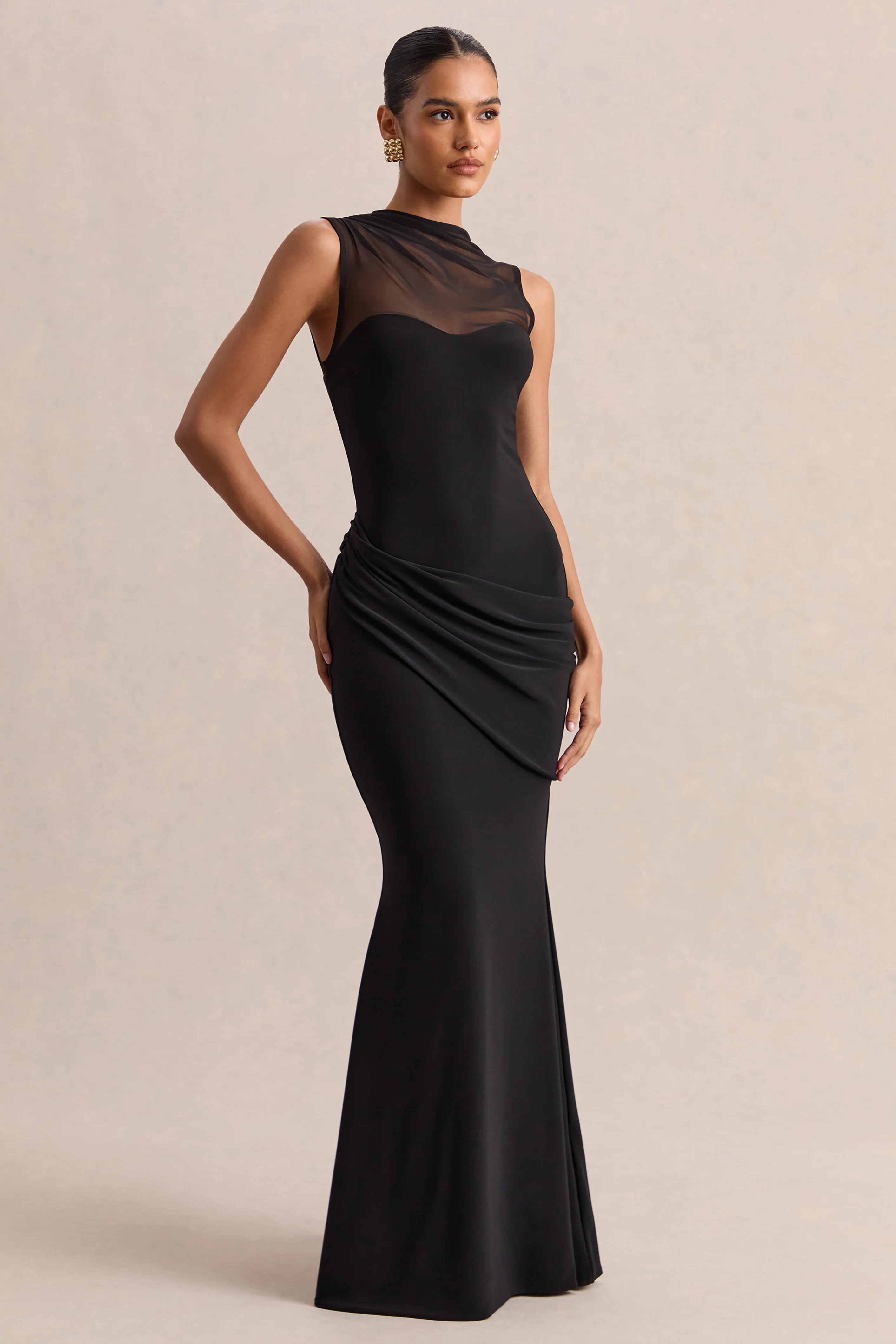 Lyssy | Robe longue noire à encolure haute avec détail en mesh - Image 3