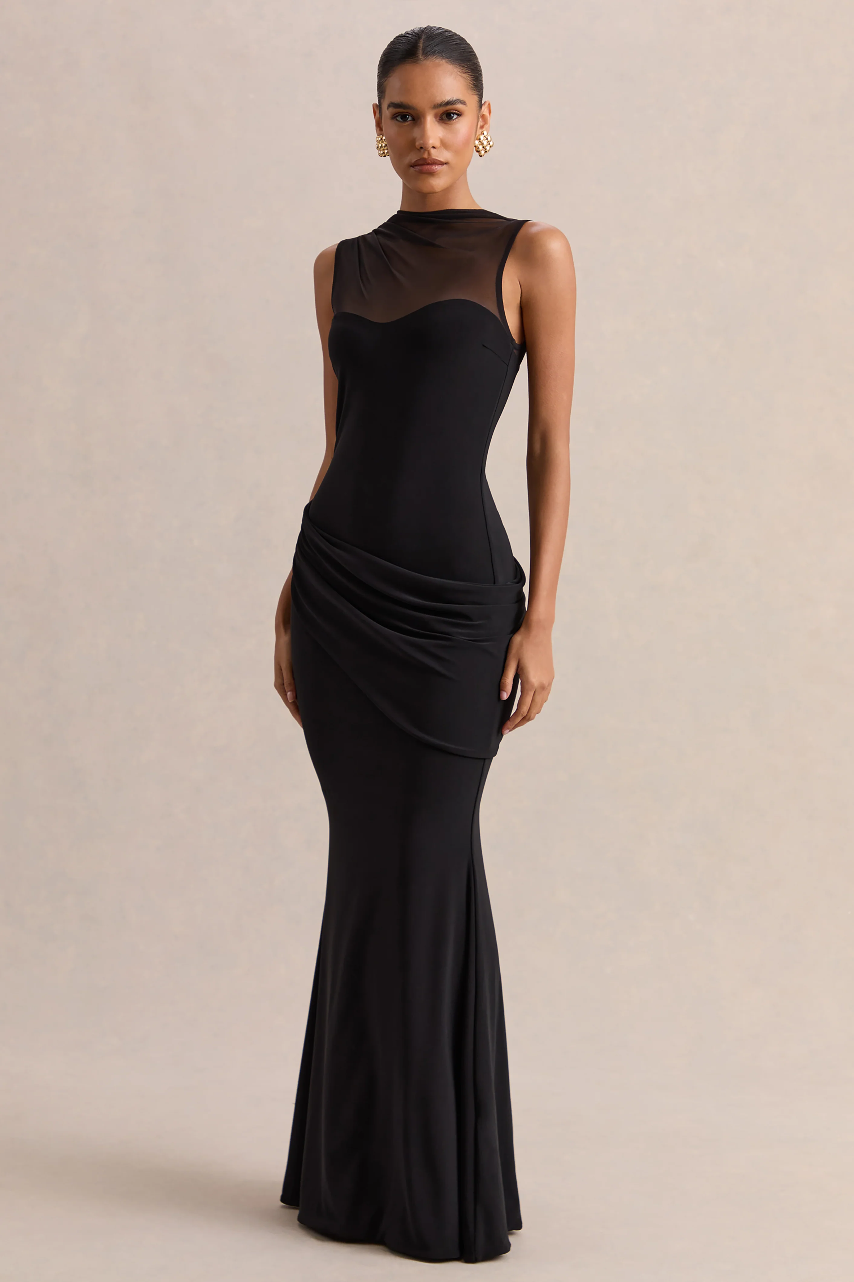 Lyssy | Robe longue noire à encolure haute avec détail en mesh - Image 5
