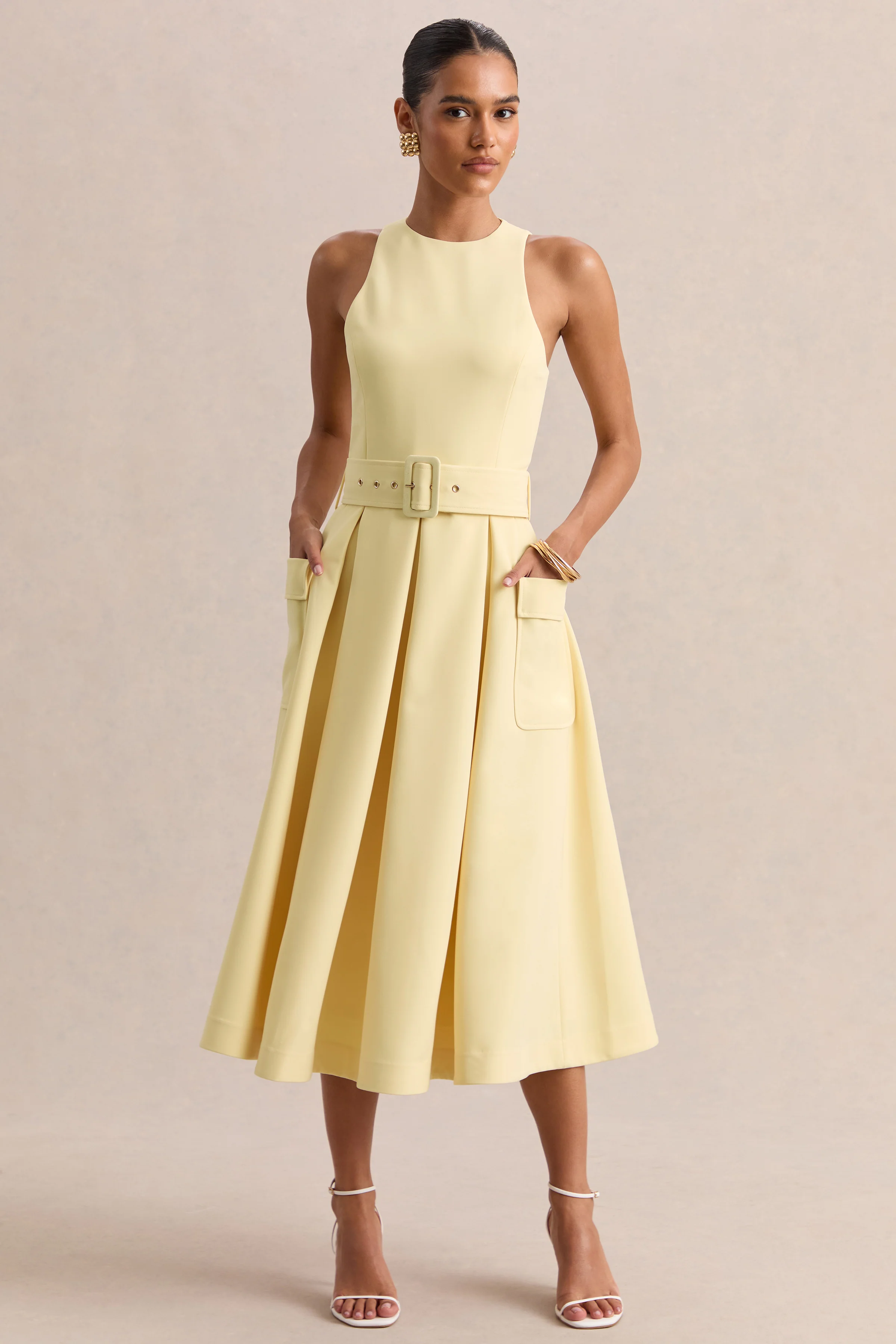 Magnora | Robe mi-longue citron à encolure ronde avec ceinture