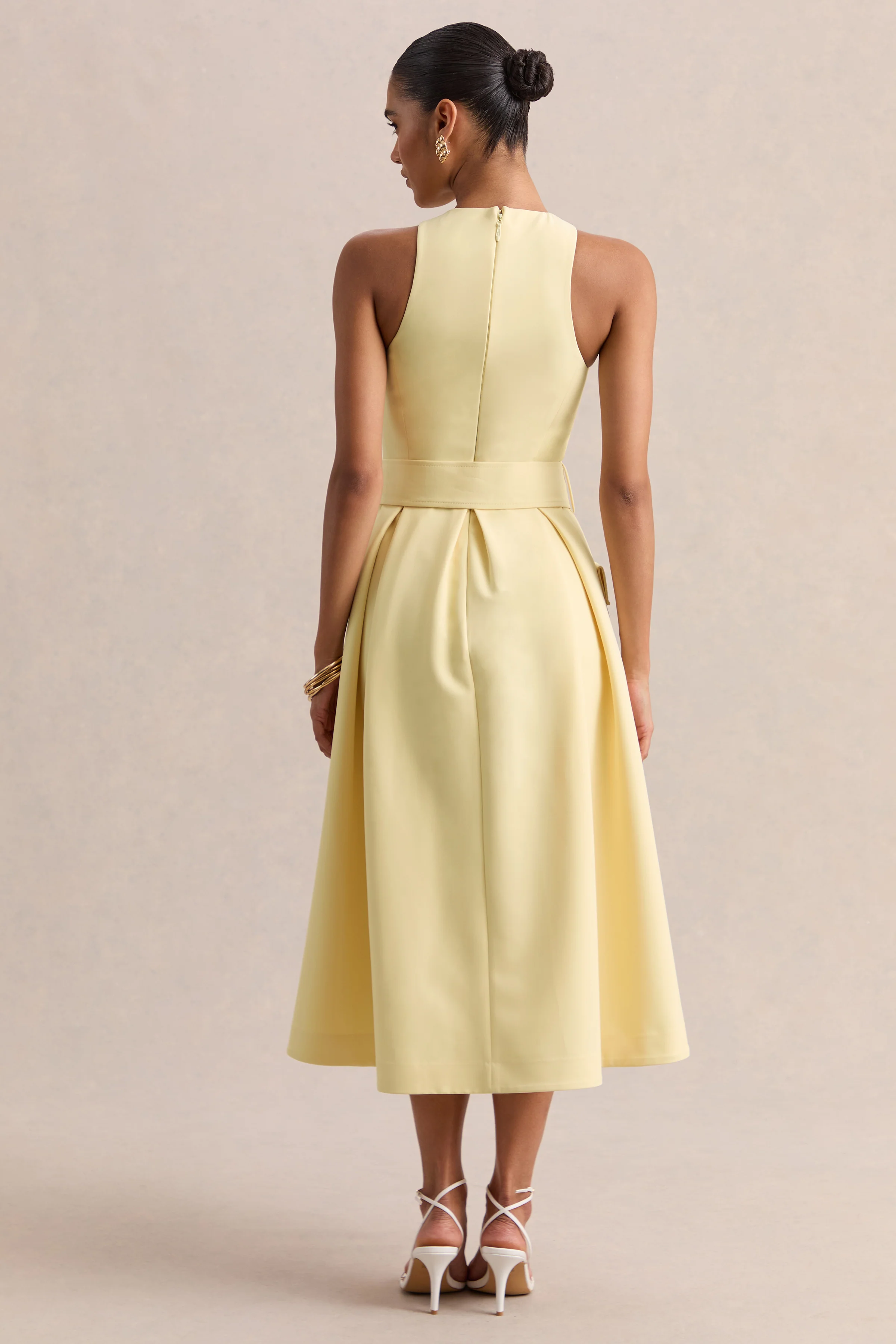 Magnora | Robe mi-longue citron à encolure ronde avec ceinture - Image 2