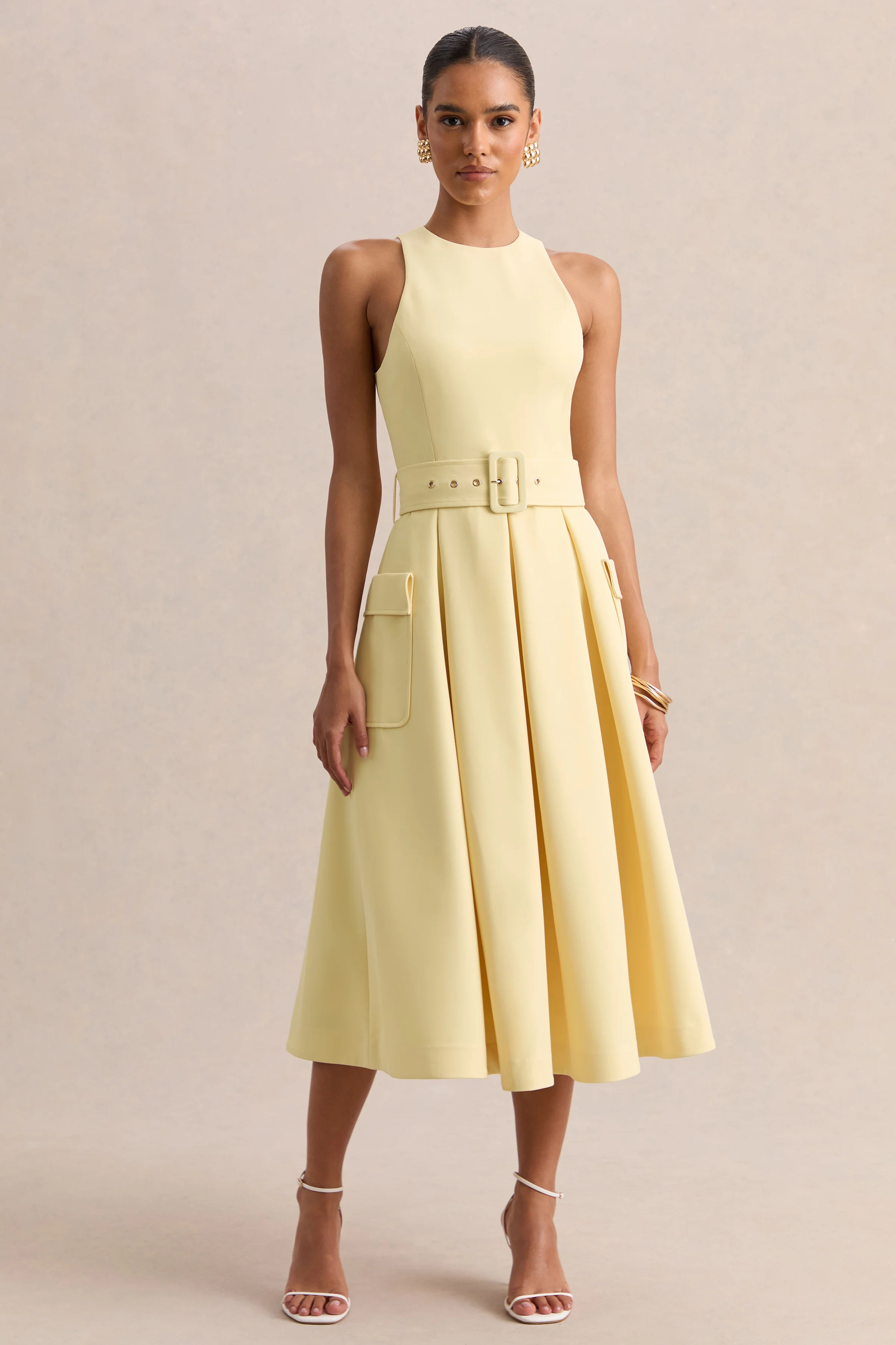 Magnora | Robe mi-longue citron à encolure ronde avec ceinture - Image 4