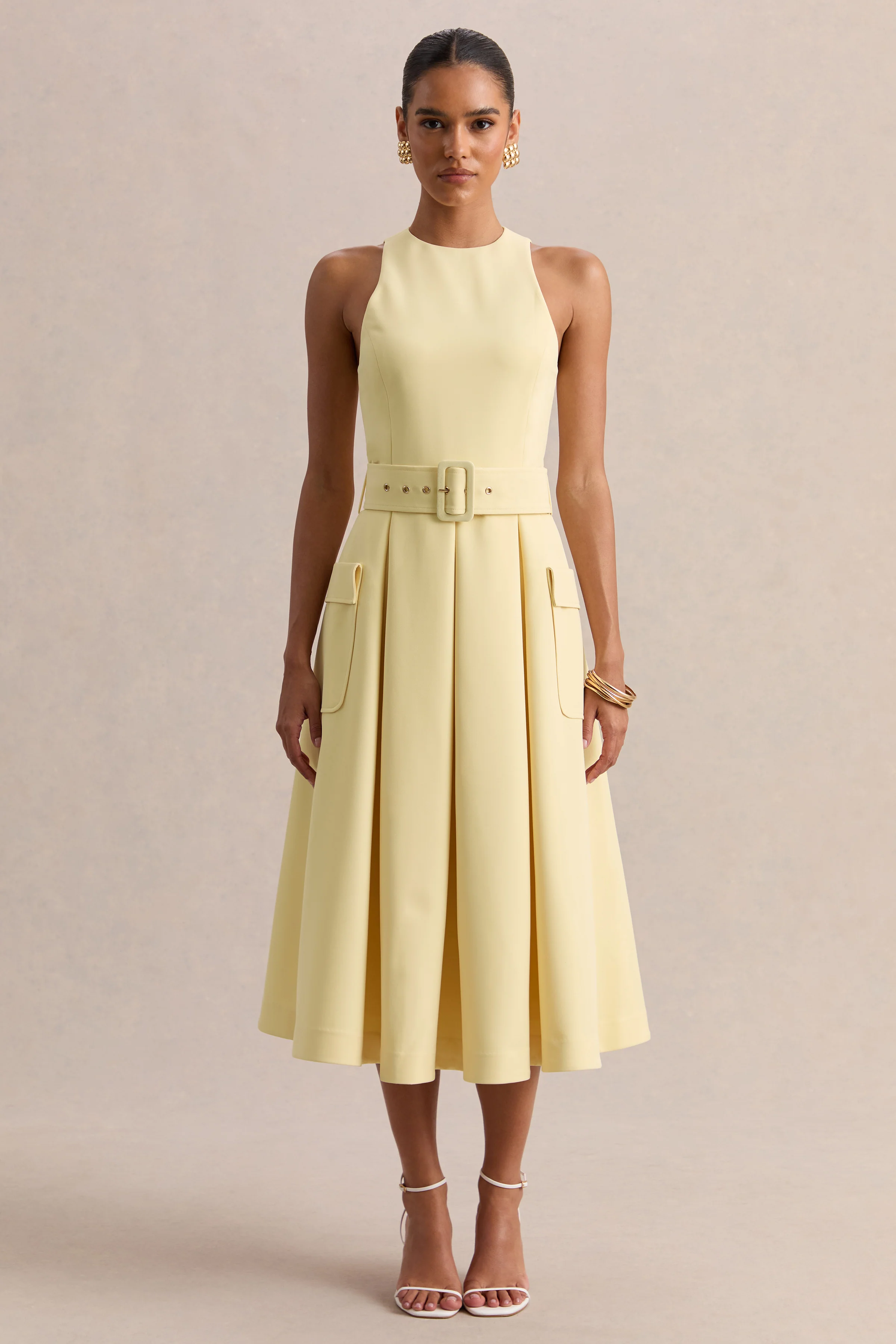 Magnora | Robe mi-longue citron à encolure ronde avec ceinture - Image 5
