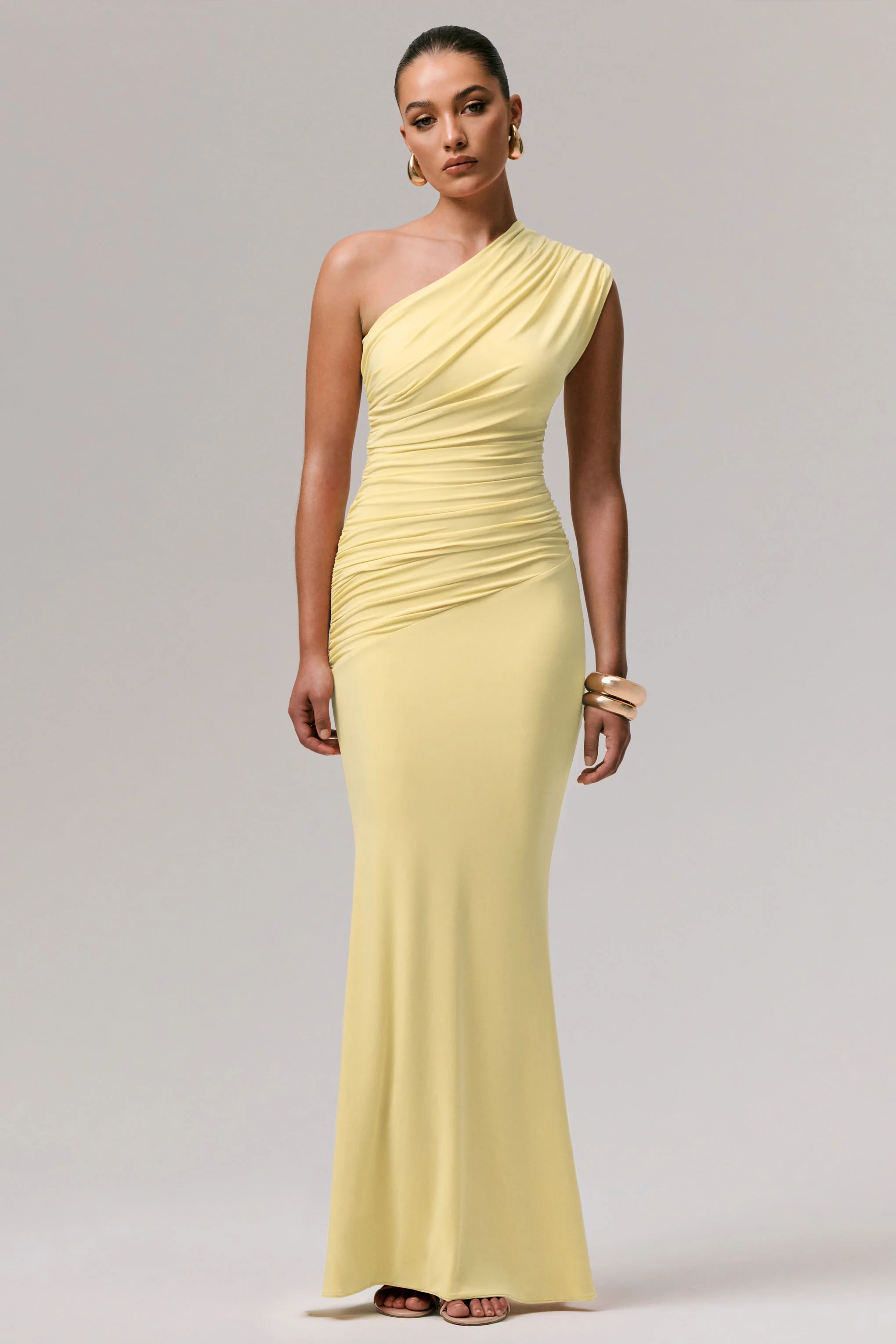 Mardi | Robe longue asymétrique citron avec fronces