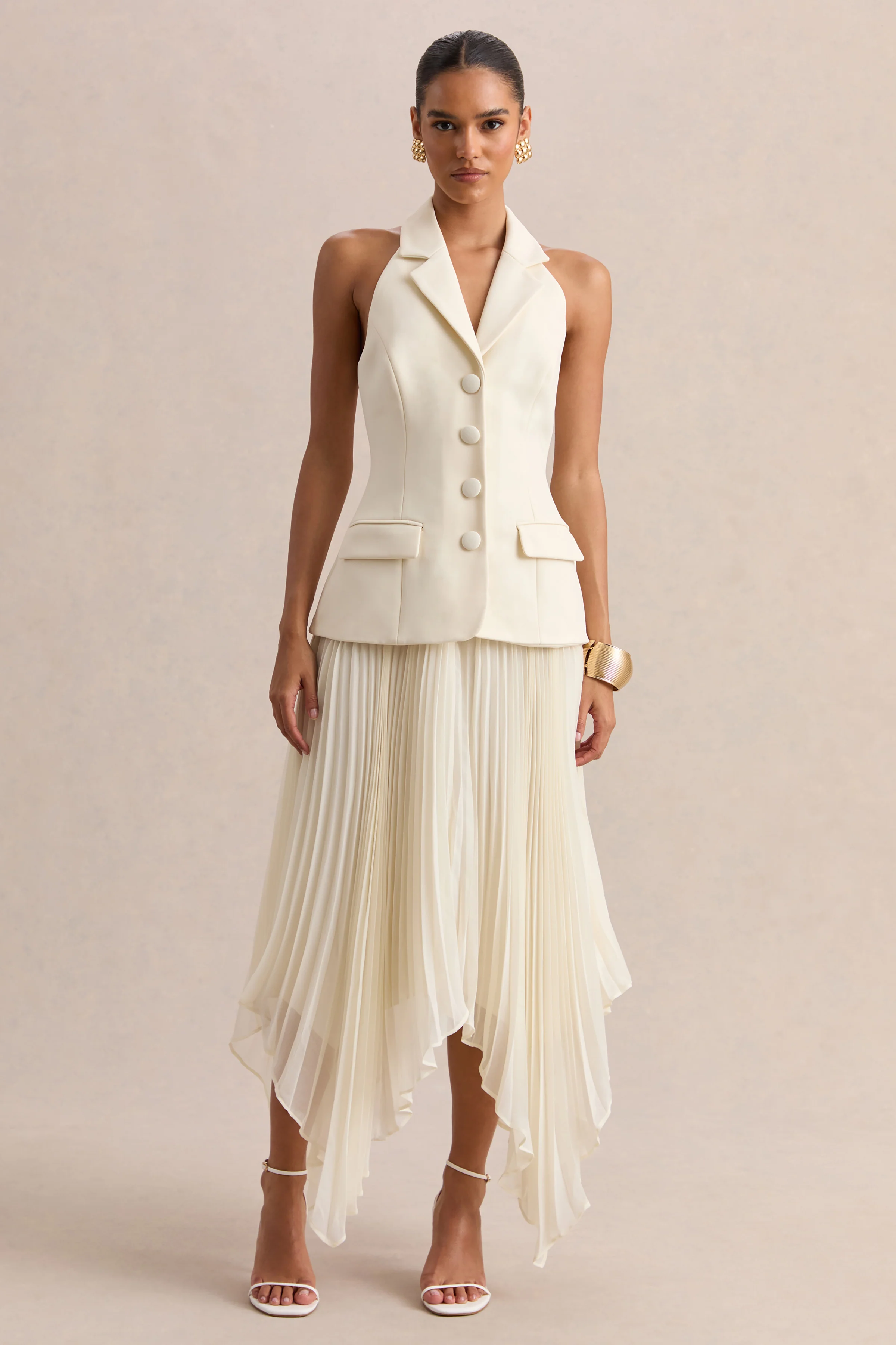 Marvelle | Robe longue crème à encolure plongeante avec ourlet asymétrique