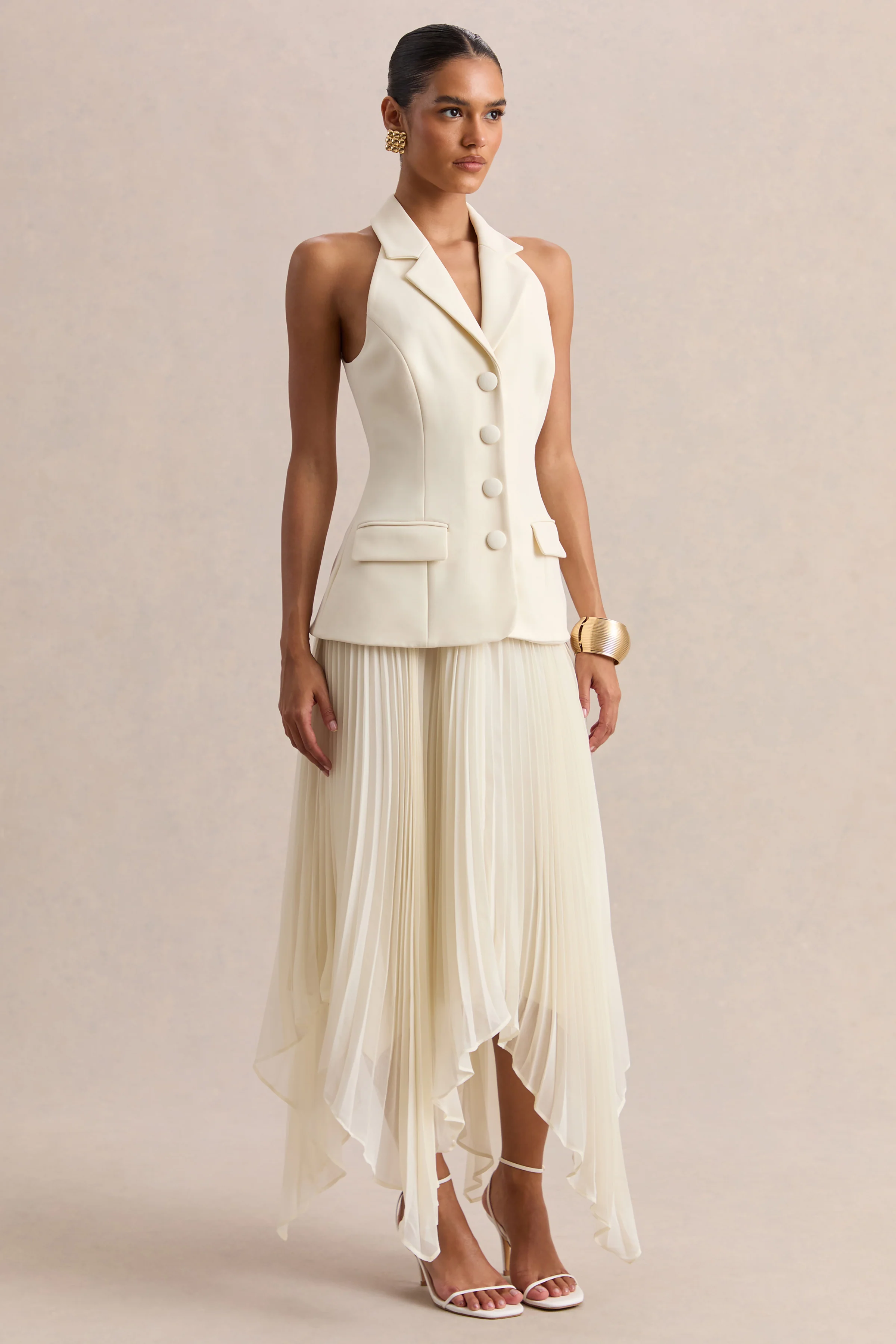 Marvelle | Robe longue crème à encolure plongeante avec ourlet asymétrique - Image 5