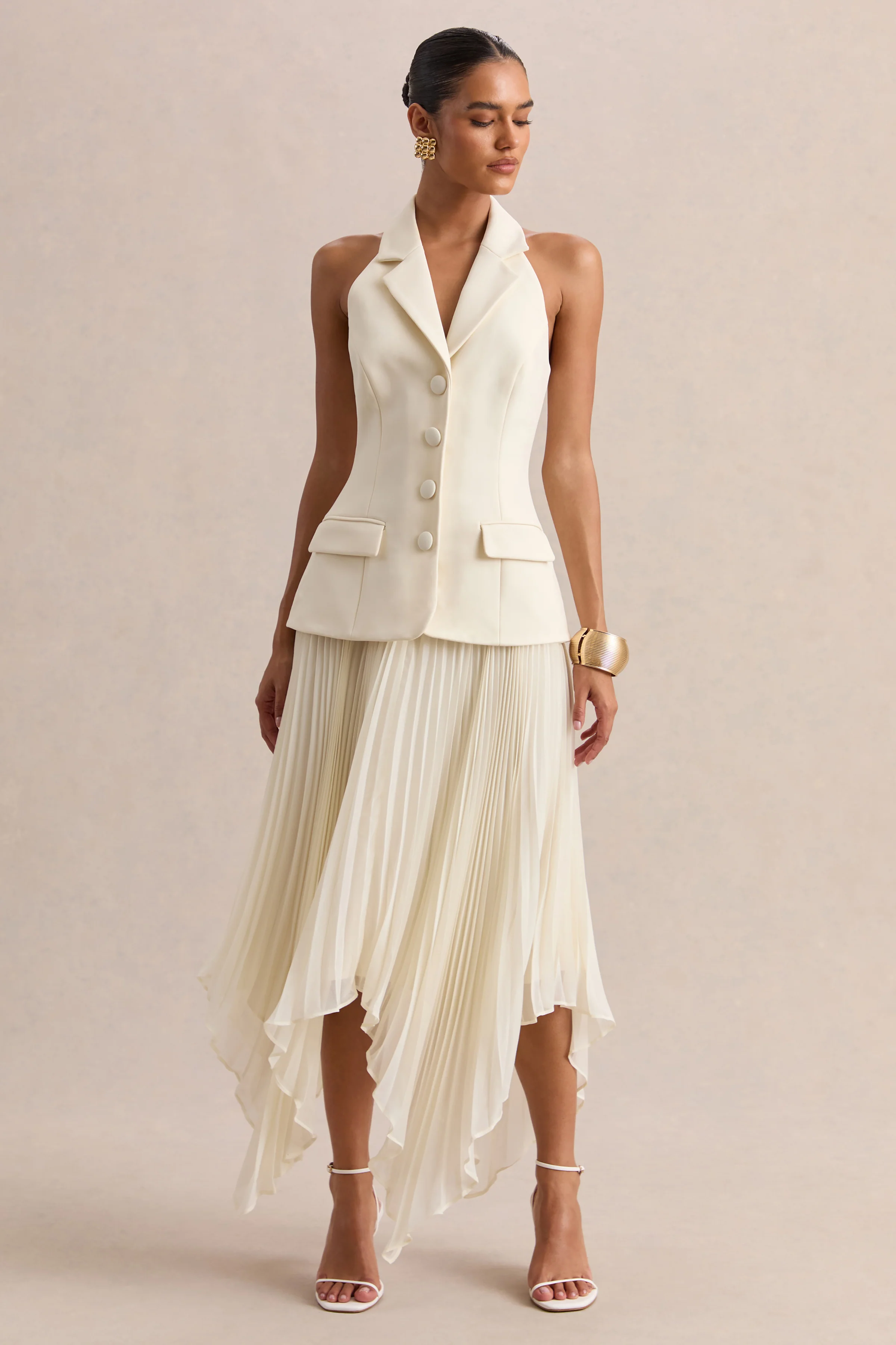 Marvelle | Robe longue crème à encolure plongeante avec ourlet asymétrique - Image 6