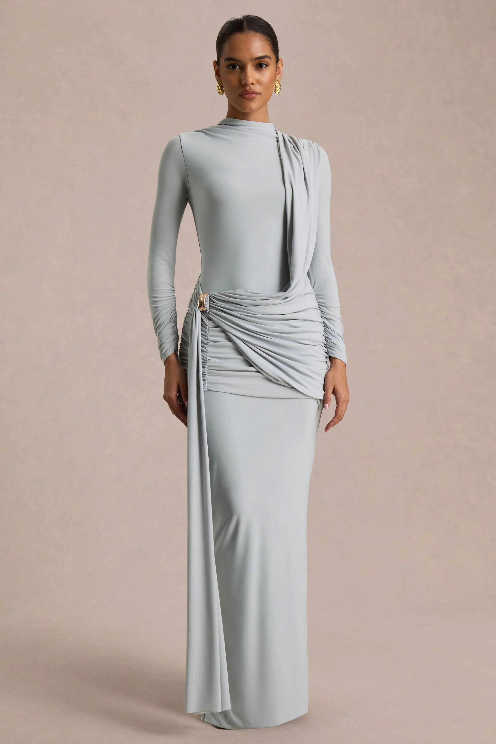 Melissa | Robe longue bleue à manches longues effet portefeuille avec détails froncés