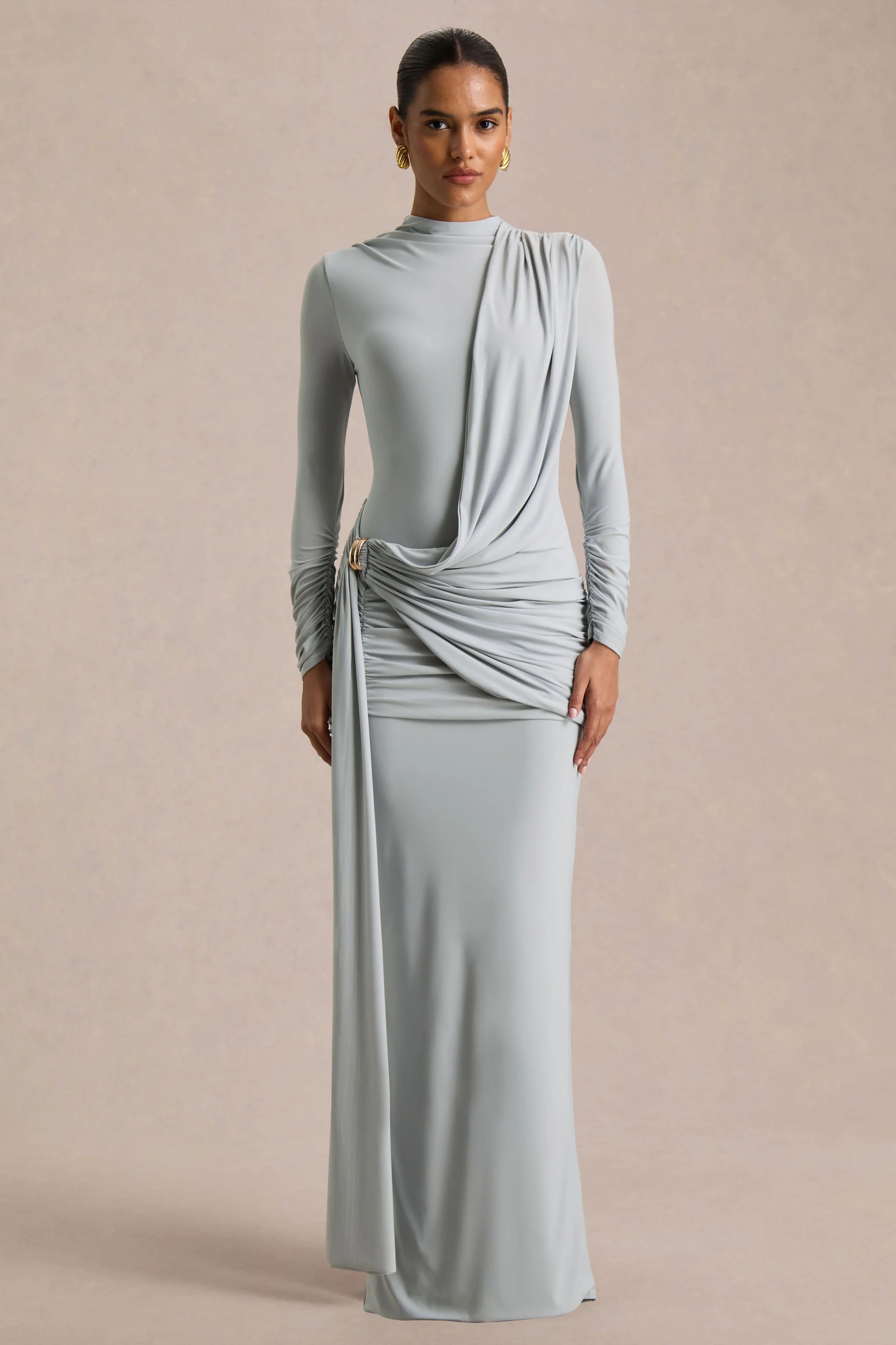 Melissa | Robe longue bleue à manches longues effet portefeuille avec détails froncés - Image 4