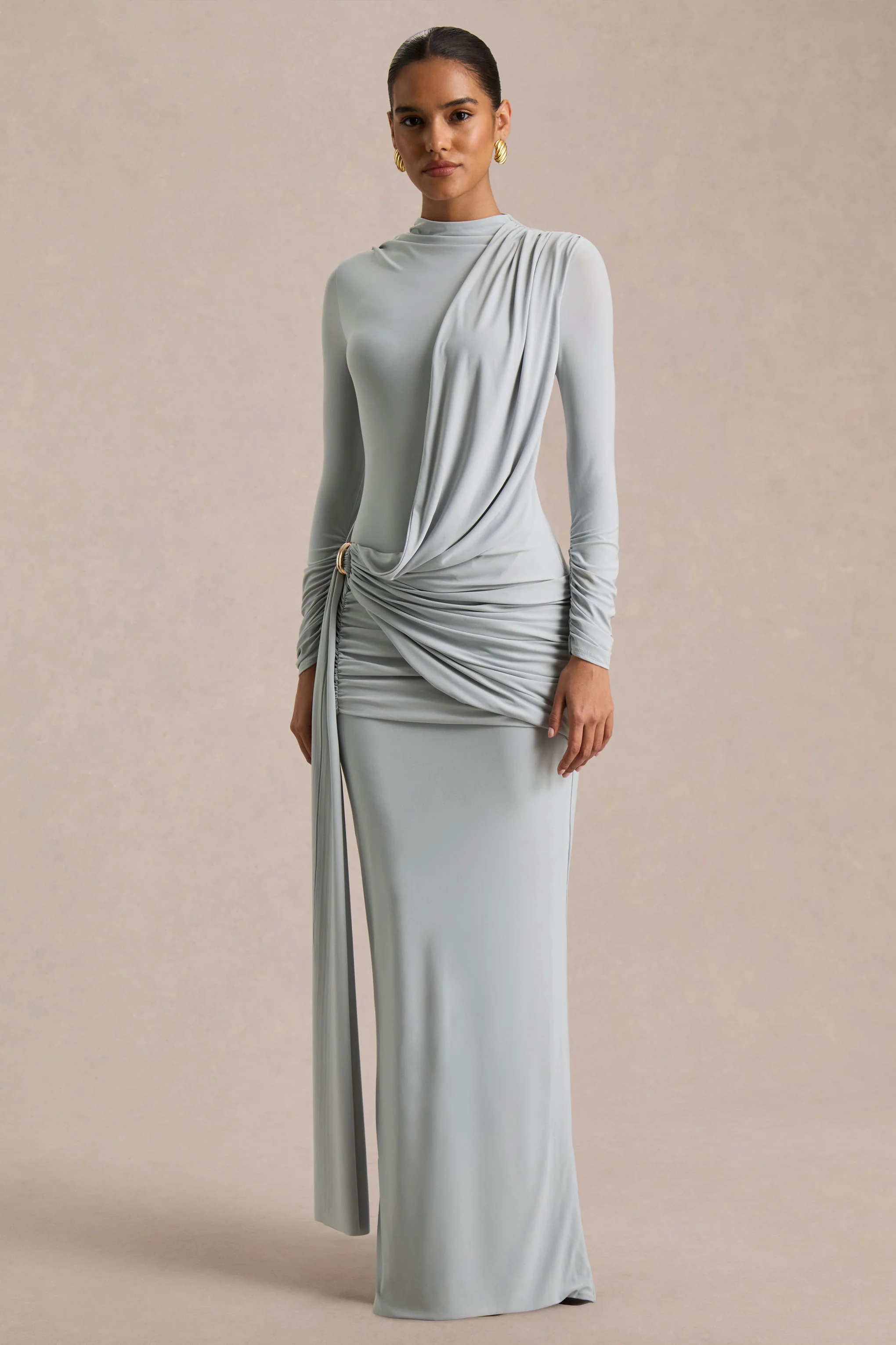 Melissa | Robe longue bleue à manches longues effet portefeuille avec détails froncés - Image 5