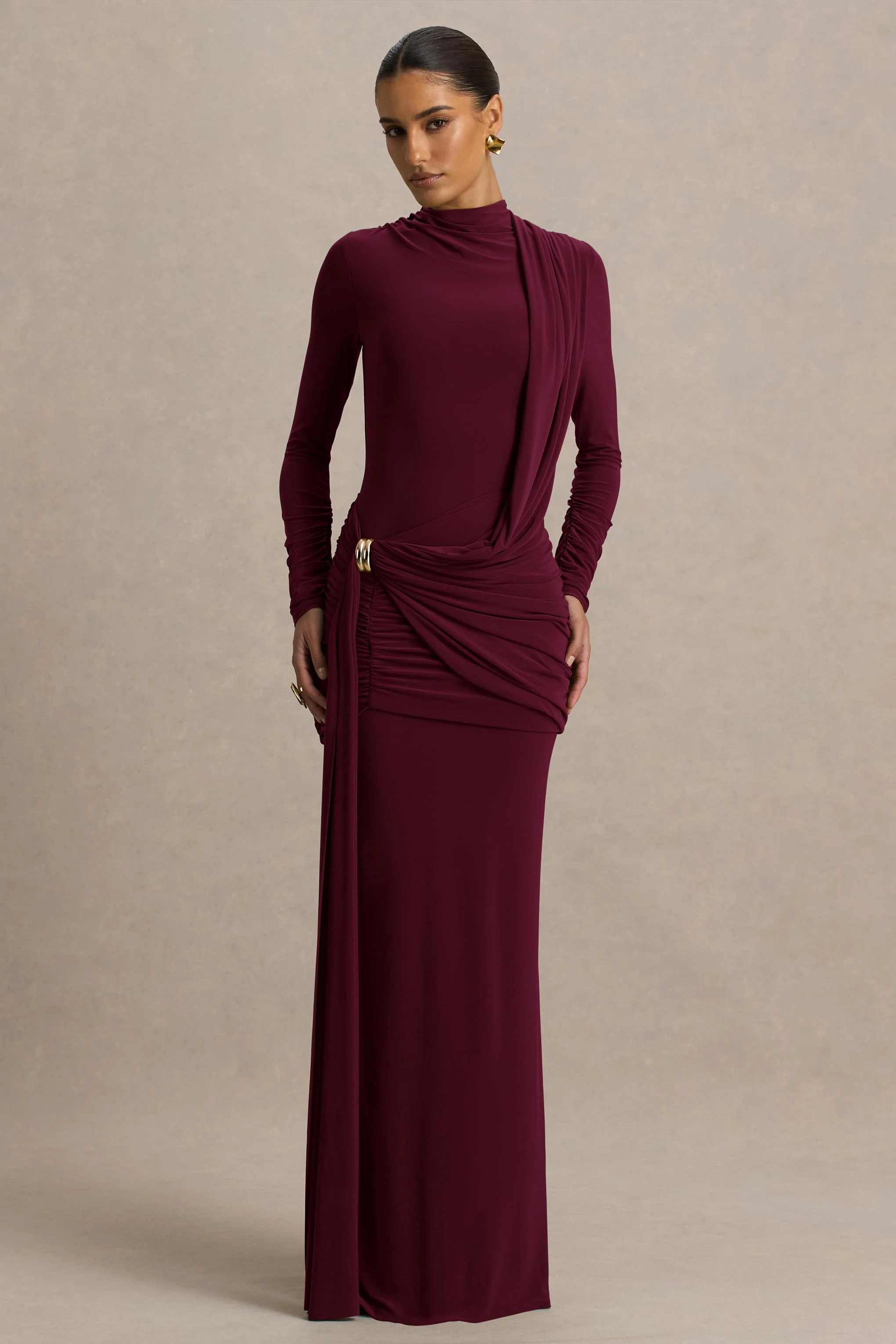 Melissa | Robe longue bordeaux portefeuille à manches longues avec détails drapés