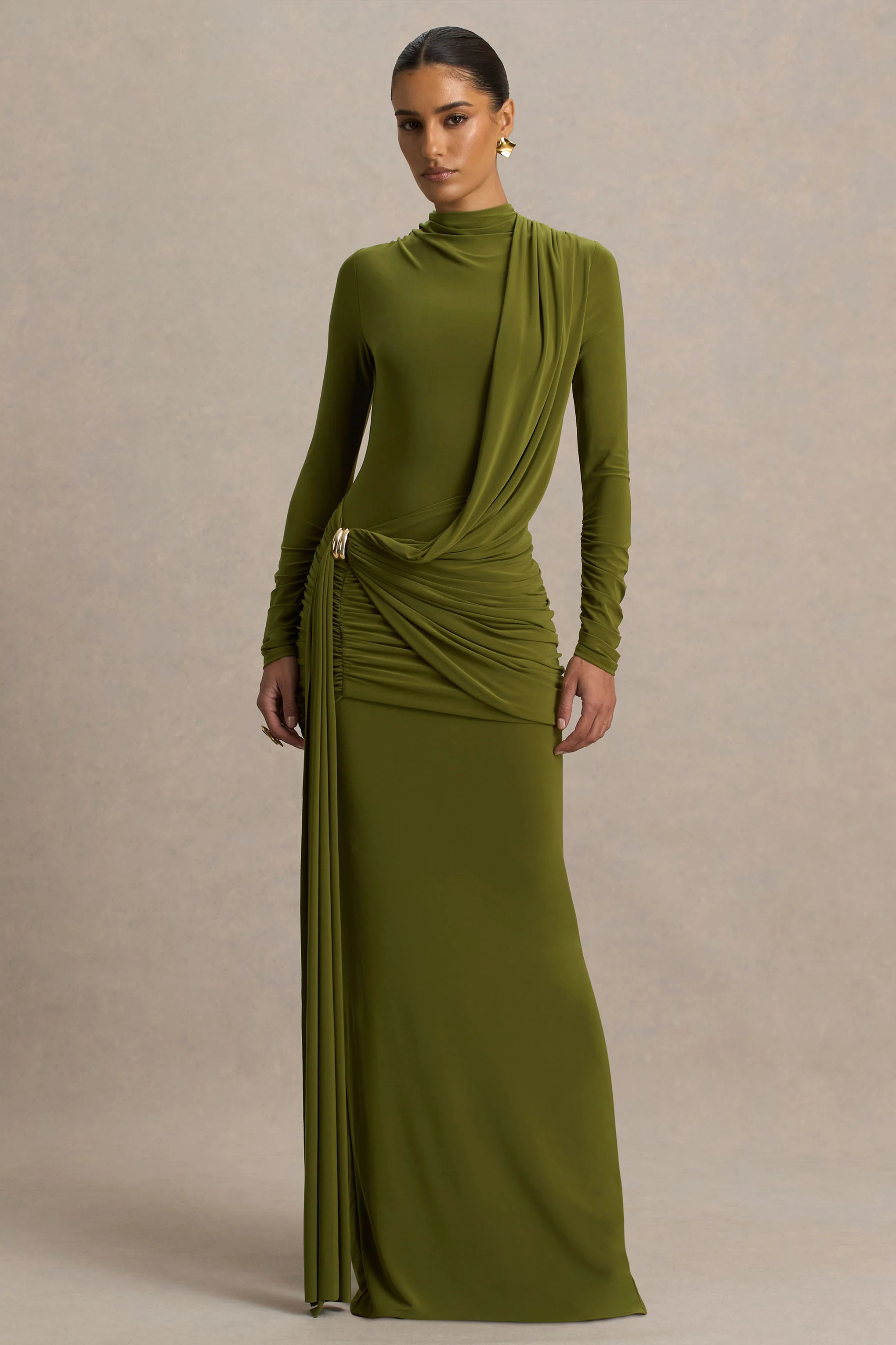Melissa | Robe longue olive à manches longues avec drapés et ceinture nouée