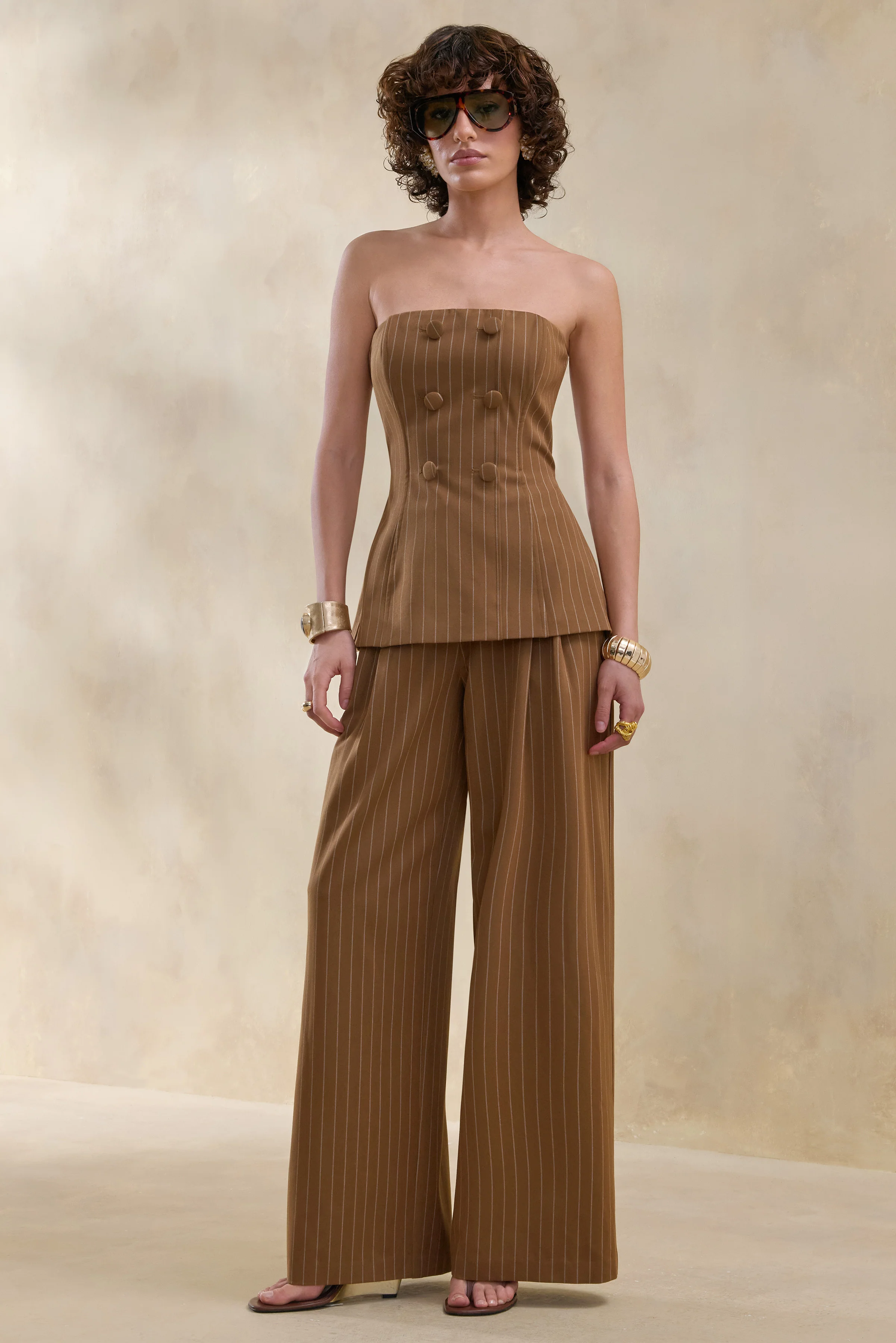 Meliva | Pantalon tailleur marron à fines rayures à jambe large - Image 5