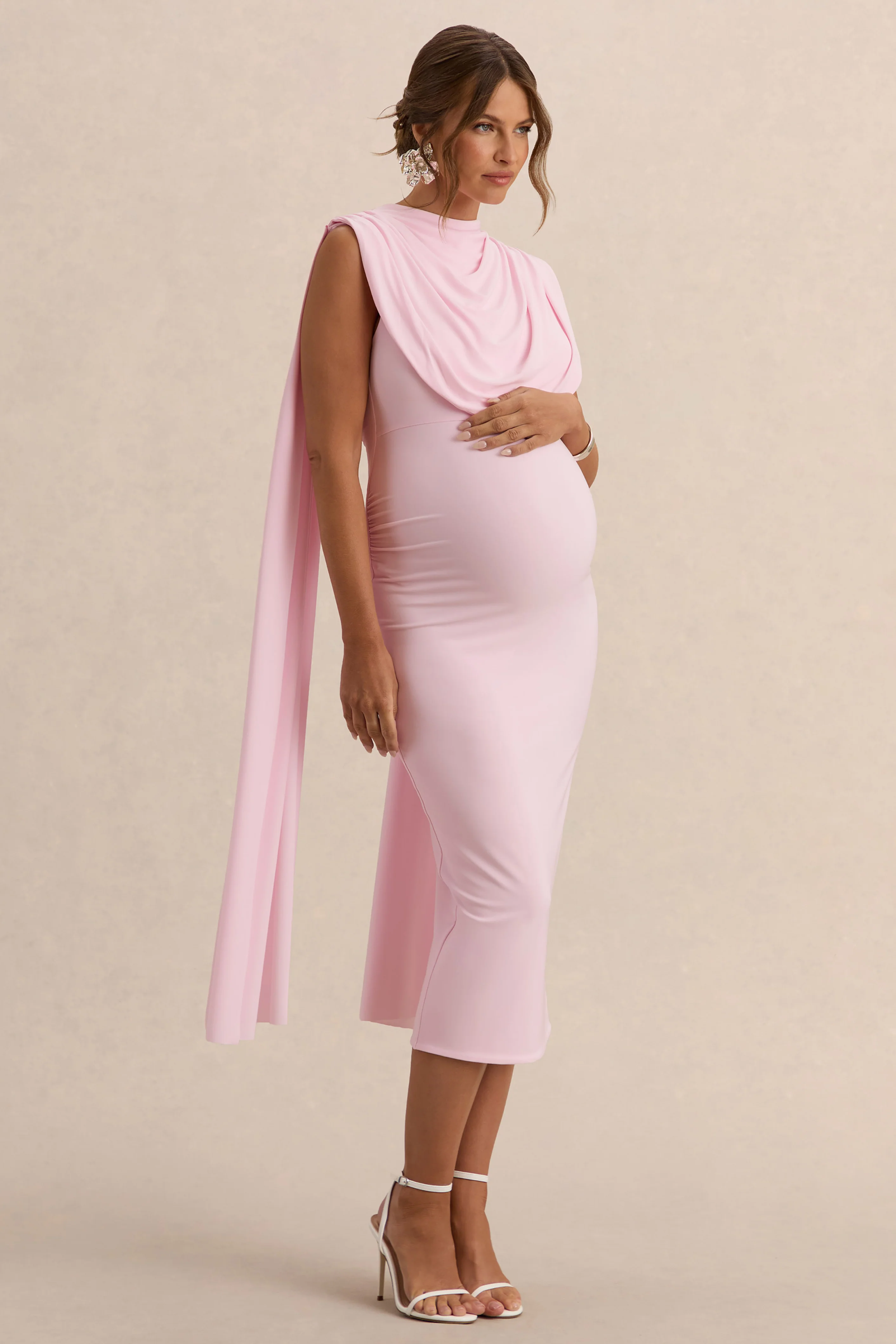 Milaine | Robe de maternité mi-longue rose clair à encolure ronde et manches cape - Image 4