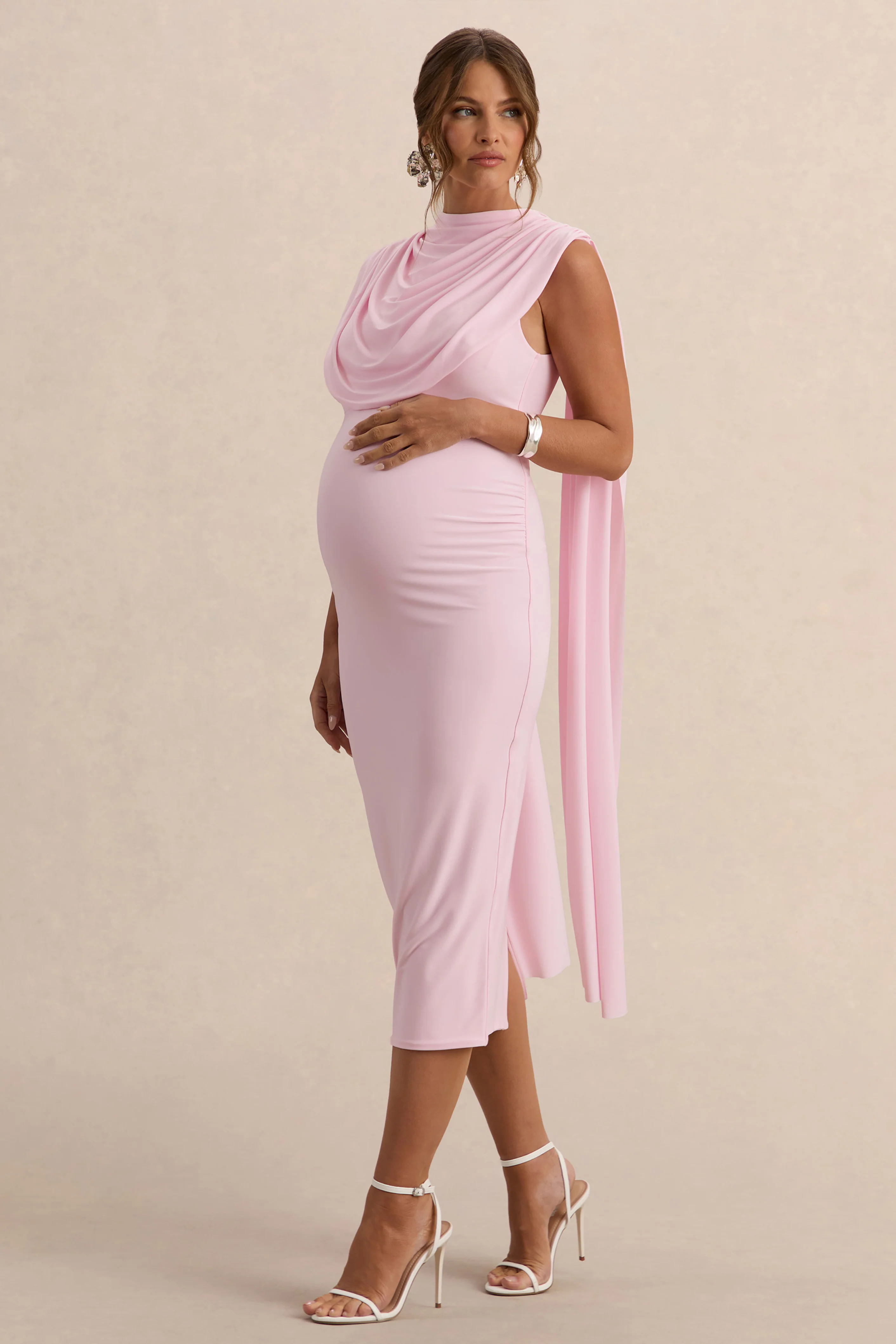 Milaine | Robe de maternité mi-longue rose clair à encolure ronde et manches cape - Image 5