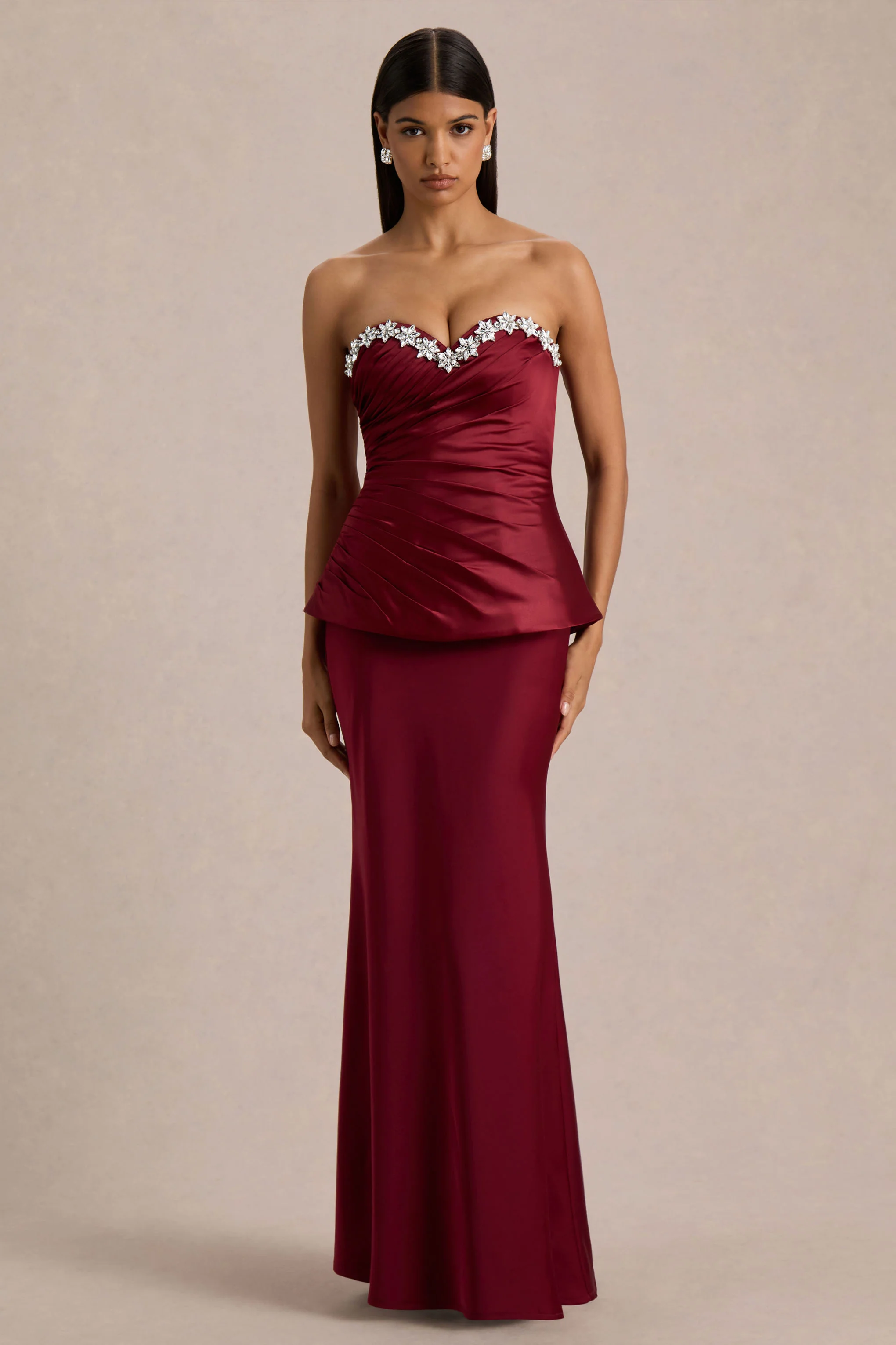 Milia | Robe Longue Bordeaux à Corset Sans Bretelles Ornée de Strass