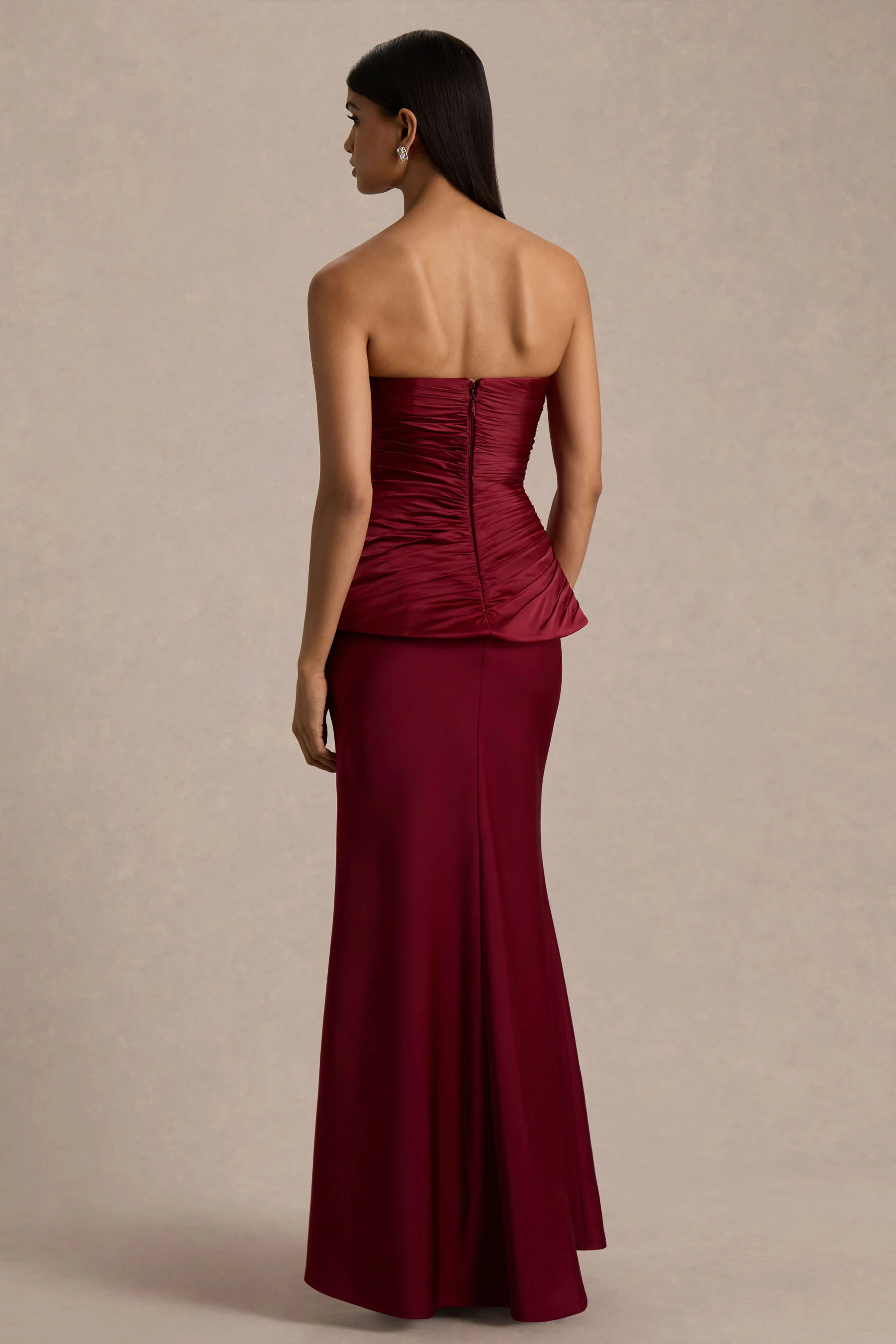 Milia | Robe Longue Bordeaux à Corset Sans Bretelles Ornée de Strass - Image 3
